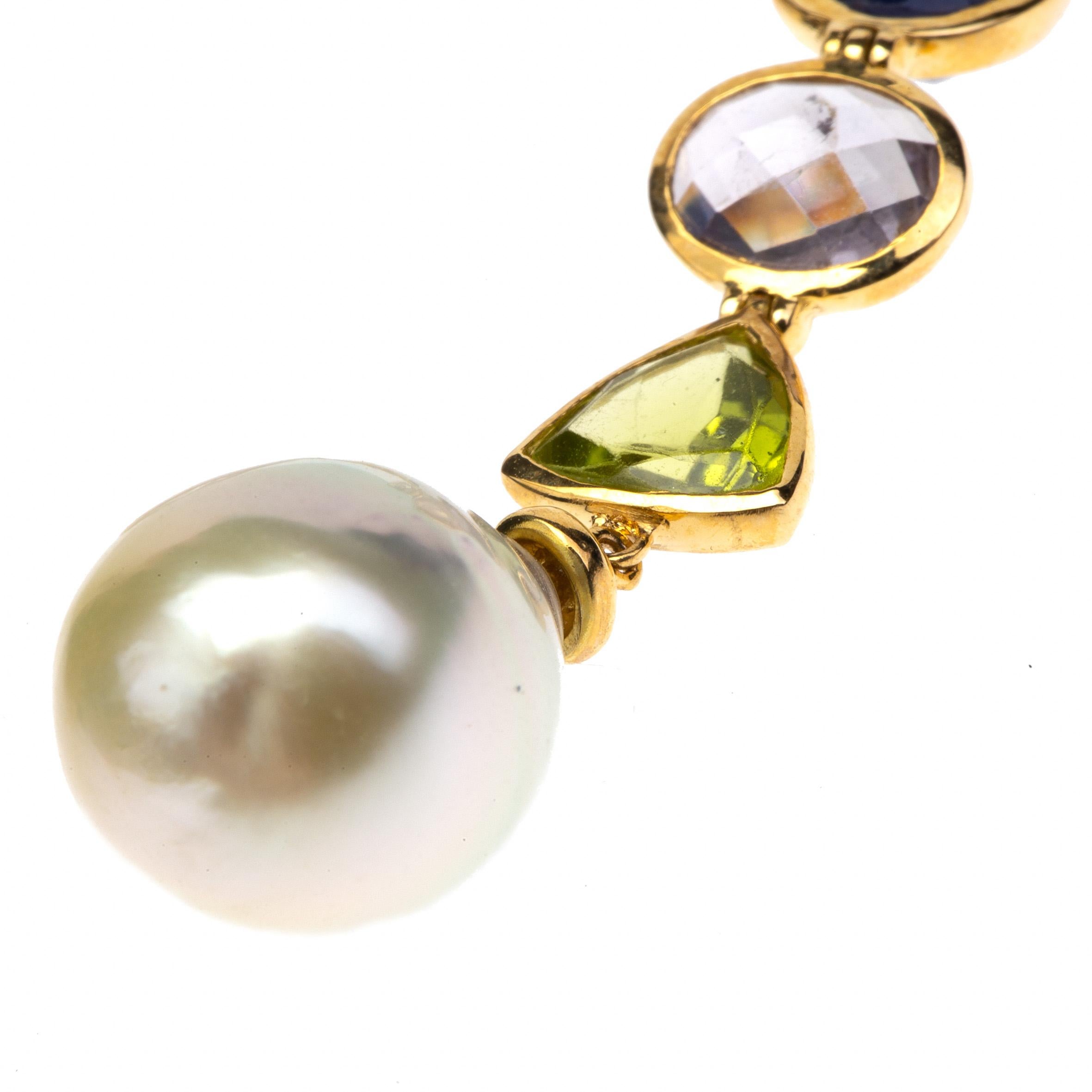 Natural Pearls Tourmaline Citrine Peridot Sapphire 18 Karat Gold Earrings For Sale 1