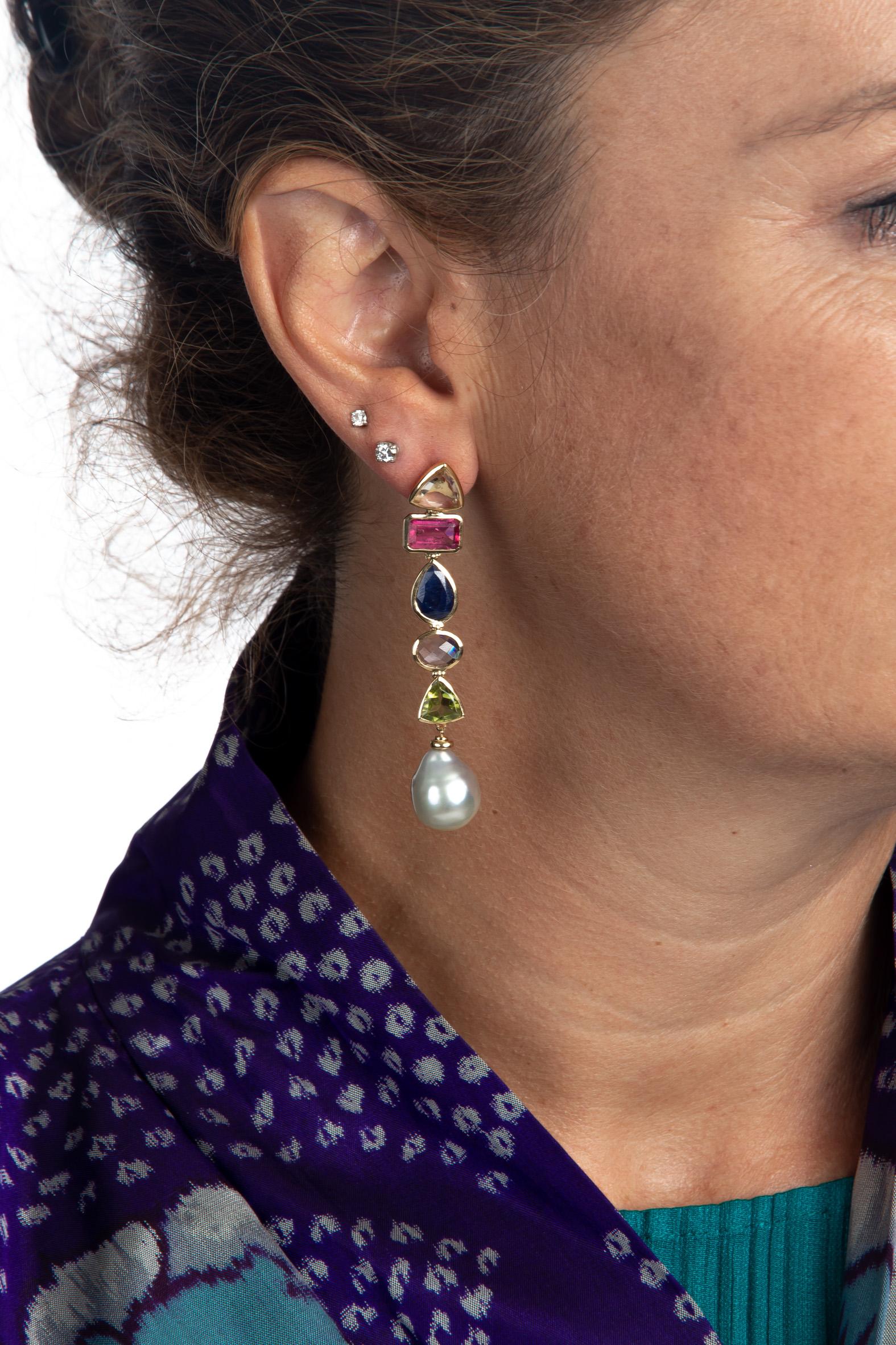 Natural Pearls Tourmaline Citrine Peridot Sapphire 18 Karat Gold Earrings For Sale 2