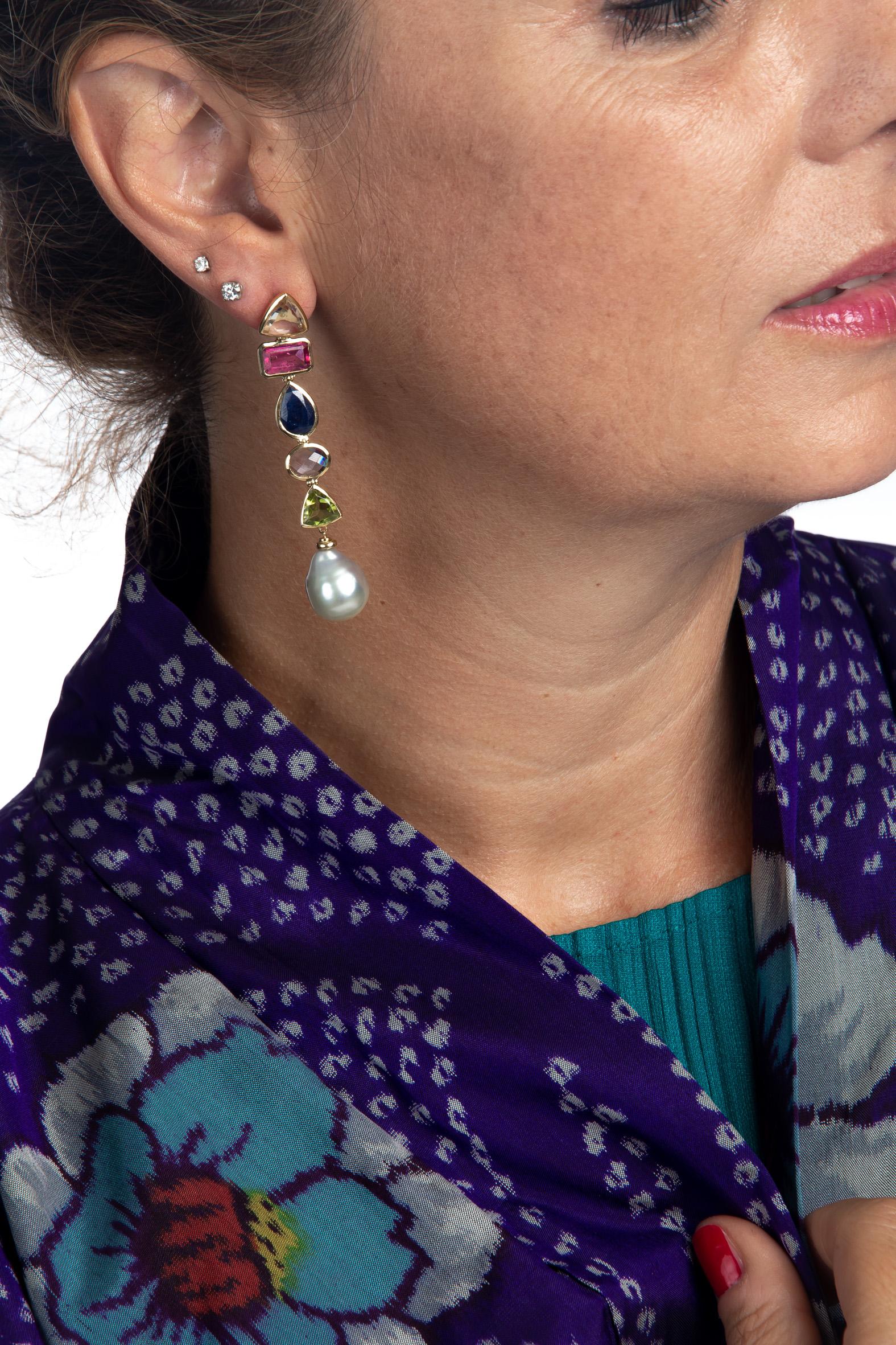 Natural Pearls Tourmaline Citrine Peridot Sapphire 18 Karat Gold Earrings For Sale 3