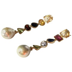 Natural Pearls Tourmaline Citrine Peridot Sapphire 18 Karat Gold Earrings