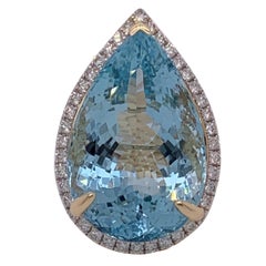 Natural Pears Shape 26.71 Carat Aquamarine and Diamonds Ring