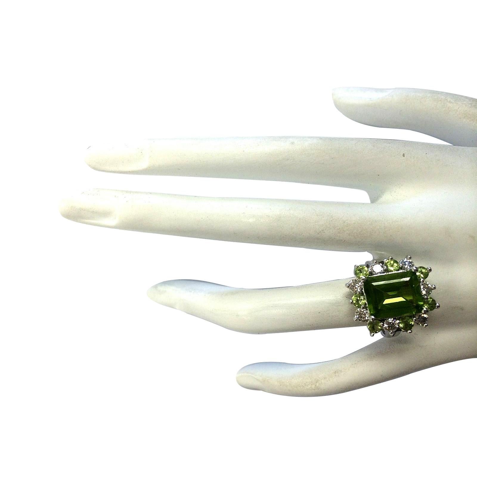 Emerald Cut Exquisite Natural Peridot 14K White Gold Diamond Ring For Sale