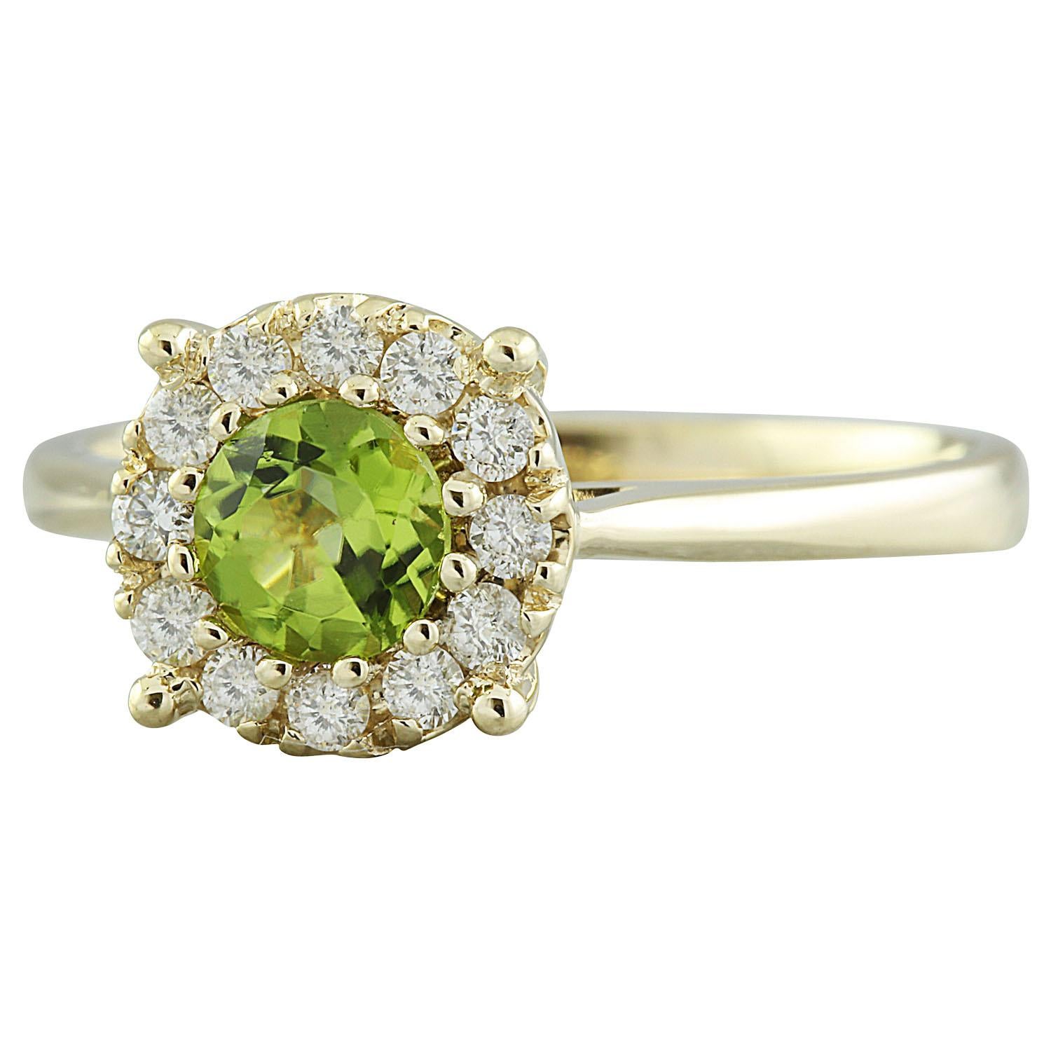 0.72 Carat Natural Peridot 14 Karat Solid Yellow Gold Diamond Ring
Stamped: 14K 
Total Ring Weight: 2.9 Grams 
Peridot Weight: 0.50 Carat (5.00x5.00 Millimeters)
Diamond Weight: 0.22 carat (F-G Color, VS2-SI1 Clarity)
Quantity: 12
Face Measures: