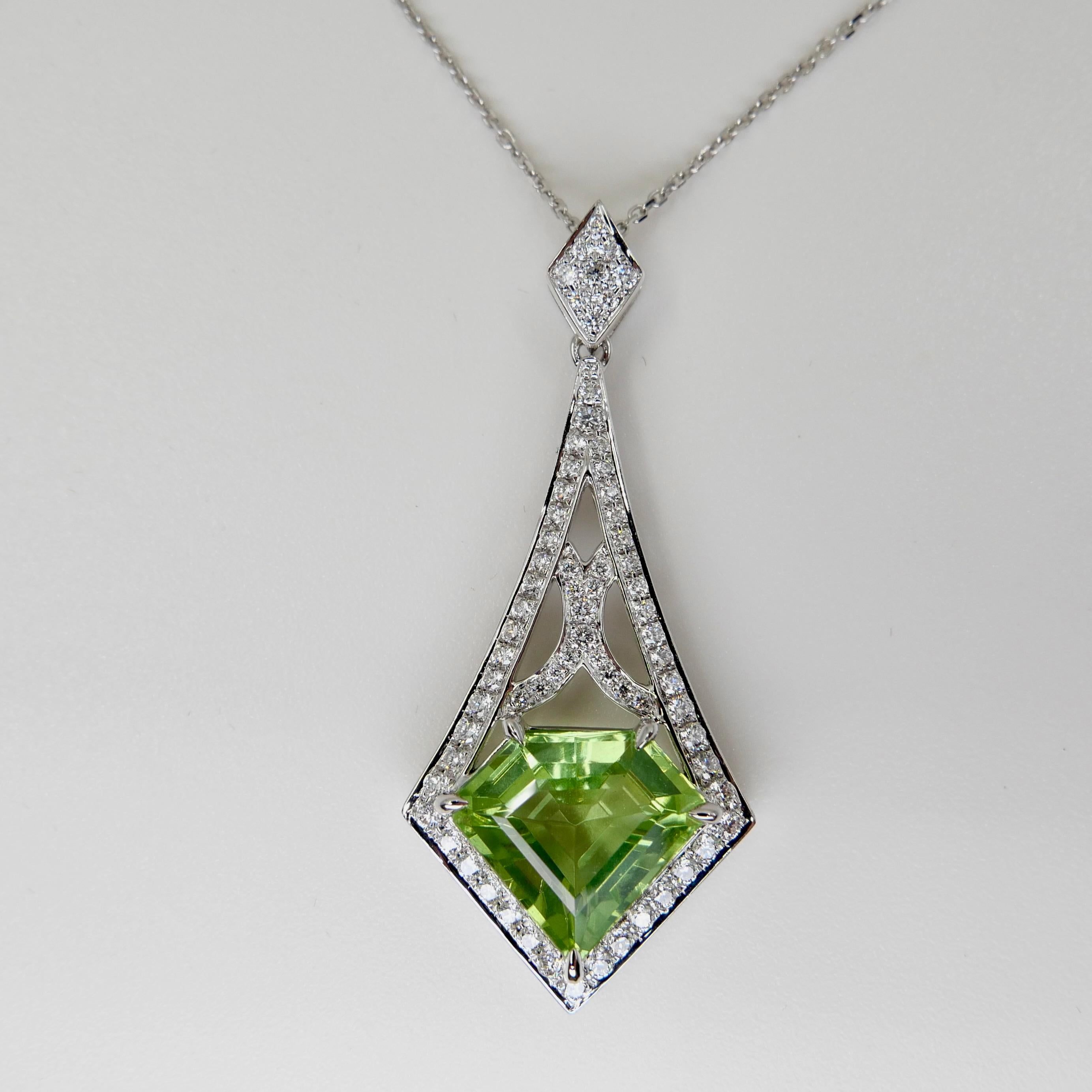 Natural Peridot 3.61 Carats and Diamond Pendant, Custom Kite, Shield Cut For Sale 11