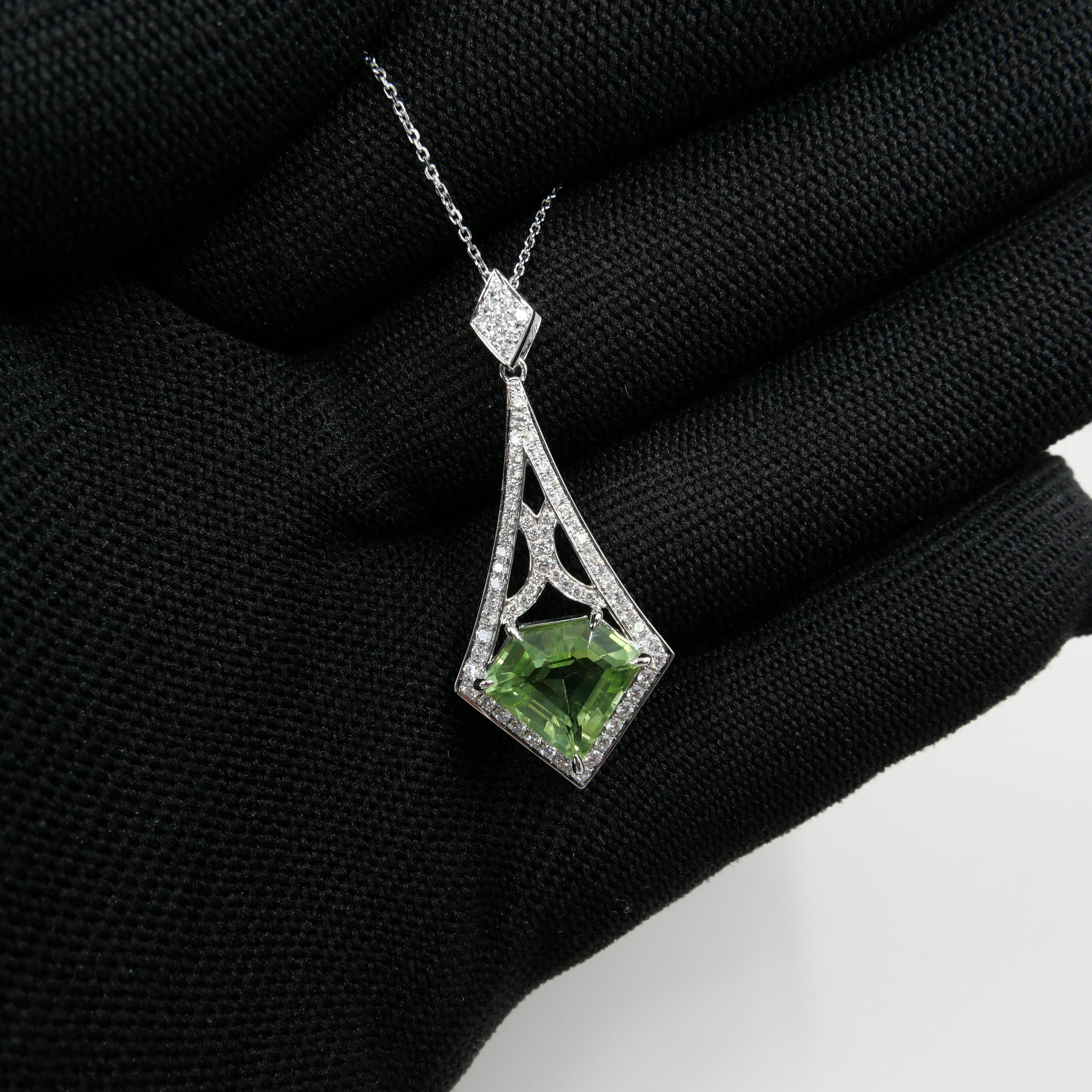 Natural Peridot 3.61 Carats and Diamond Pendant, Custom Kite, Shield Cut In New Condition For Sale In Hong Kong, HK