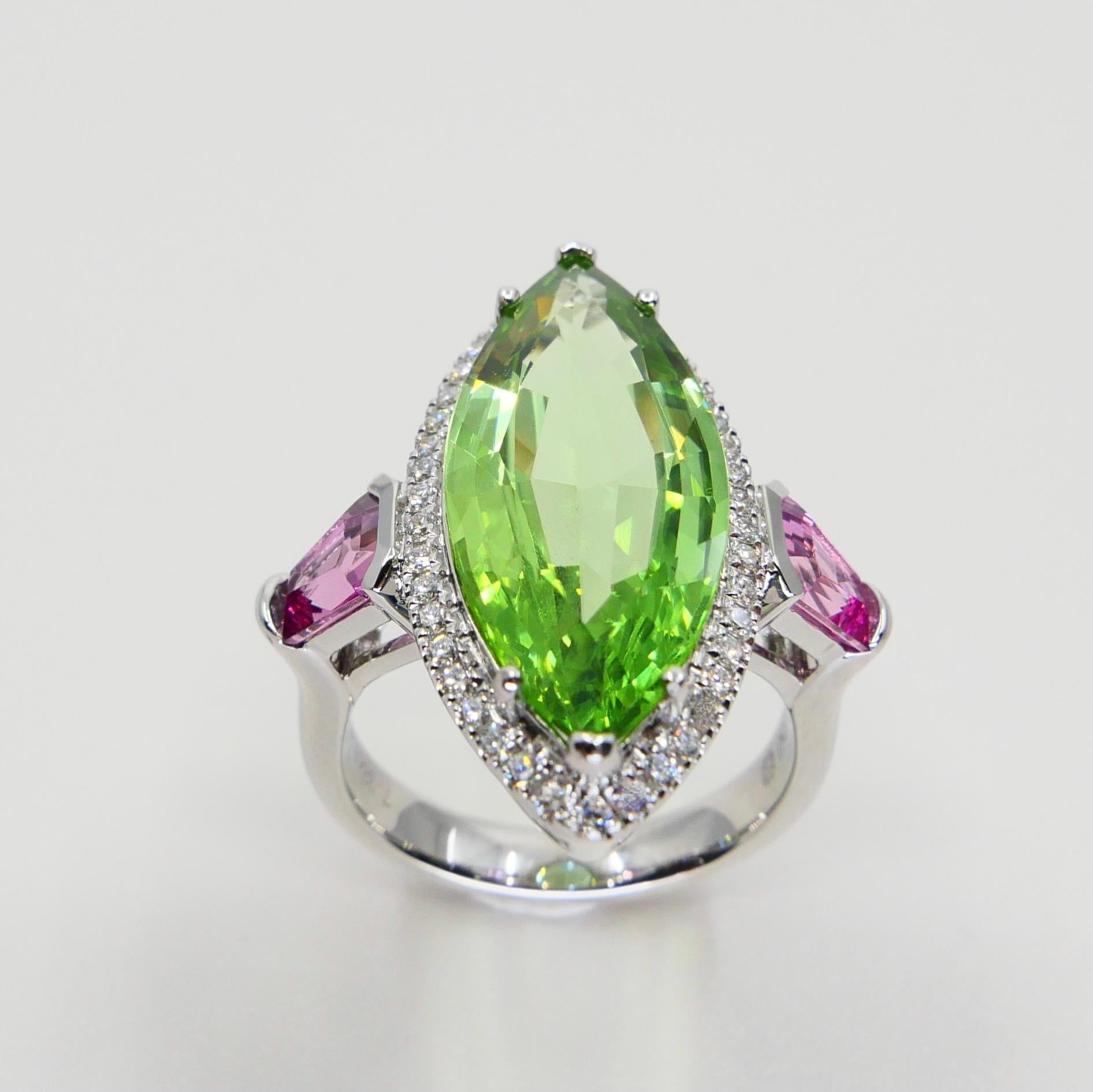 Natural Peridot 7.38 Cts, Pink Spinel & Diamond Cocktail Ring, Statement Piece 3