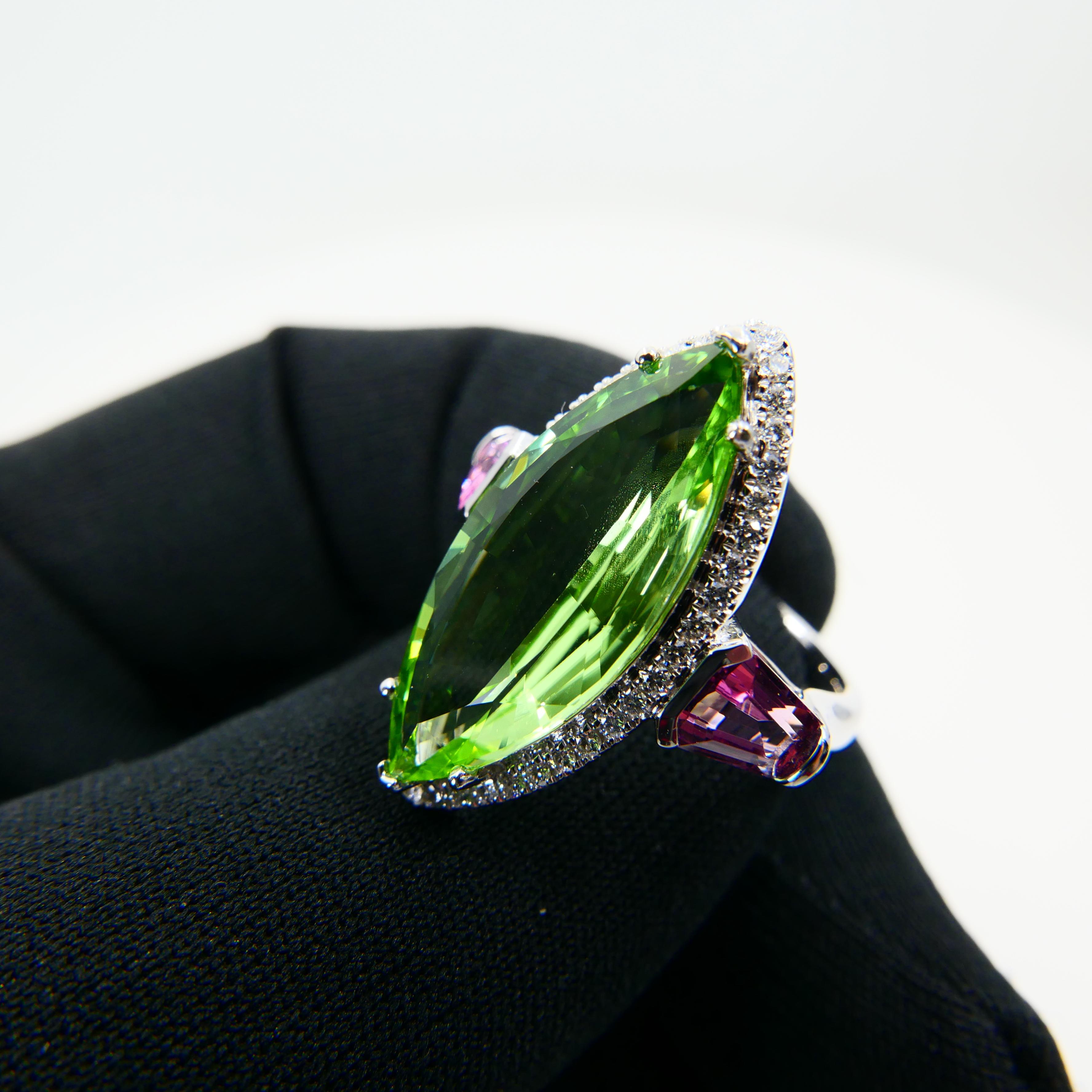 Natural Peridot 7.38 Cts, Pink Spinel & Diamond Cocktail Ring, Statement Piece 4