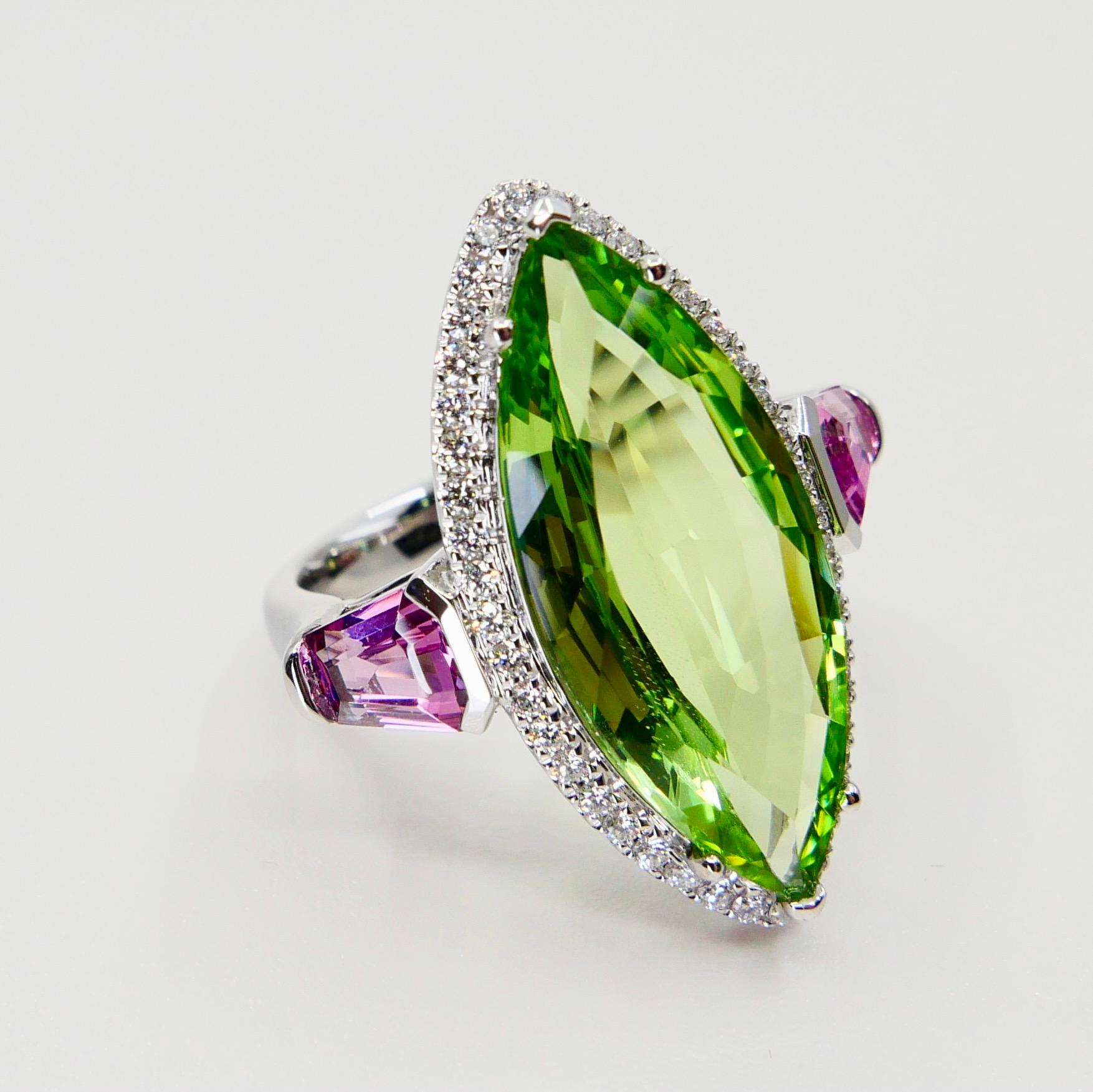 Natural Peridot 7.38 Cts, Pink Spinel & Diamond Cocktail Ring, Statement Piece 5