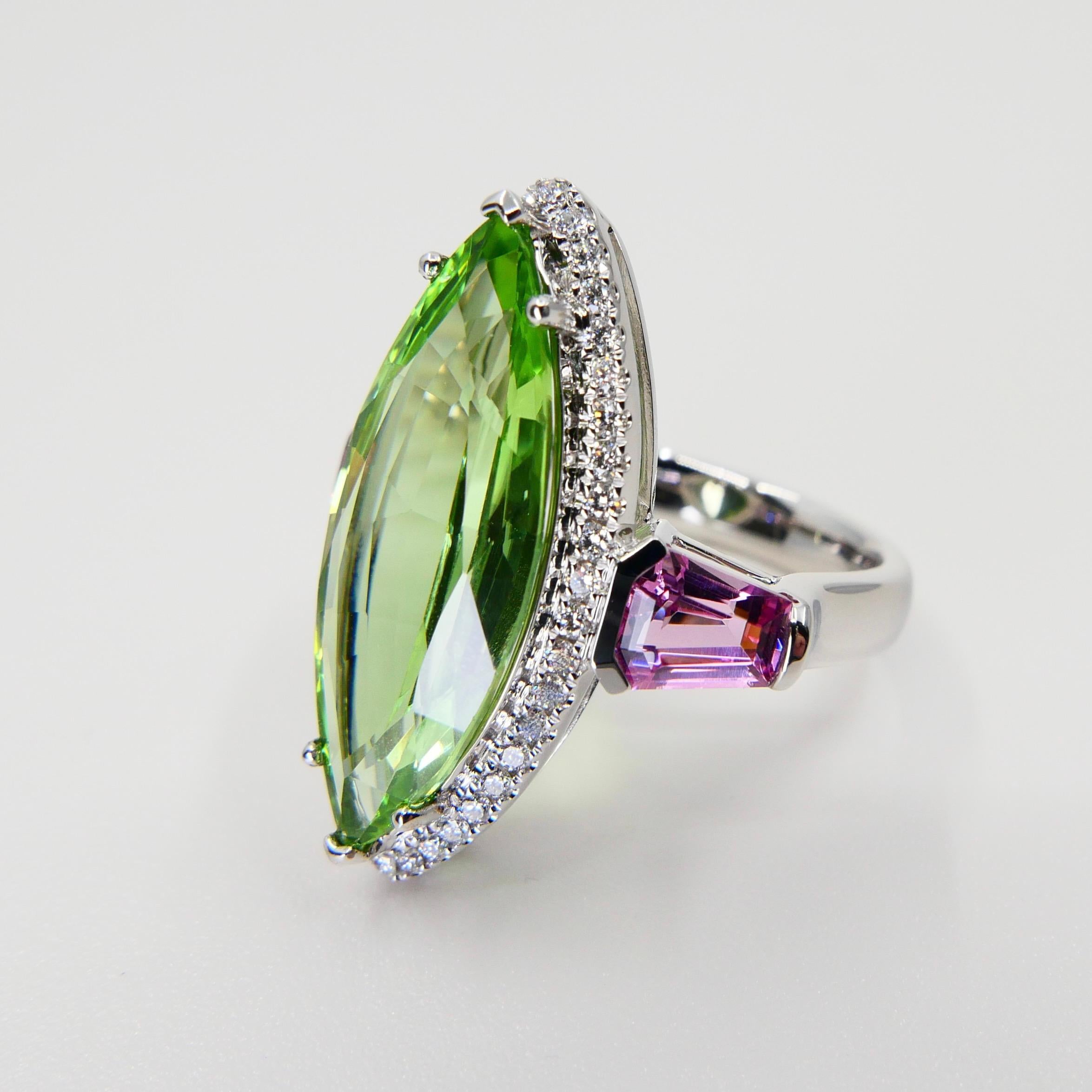 Natural Peridot 7.38 Cts, Pink Spinel & Diamond Cocktail Ring, Statement Piece 6