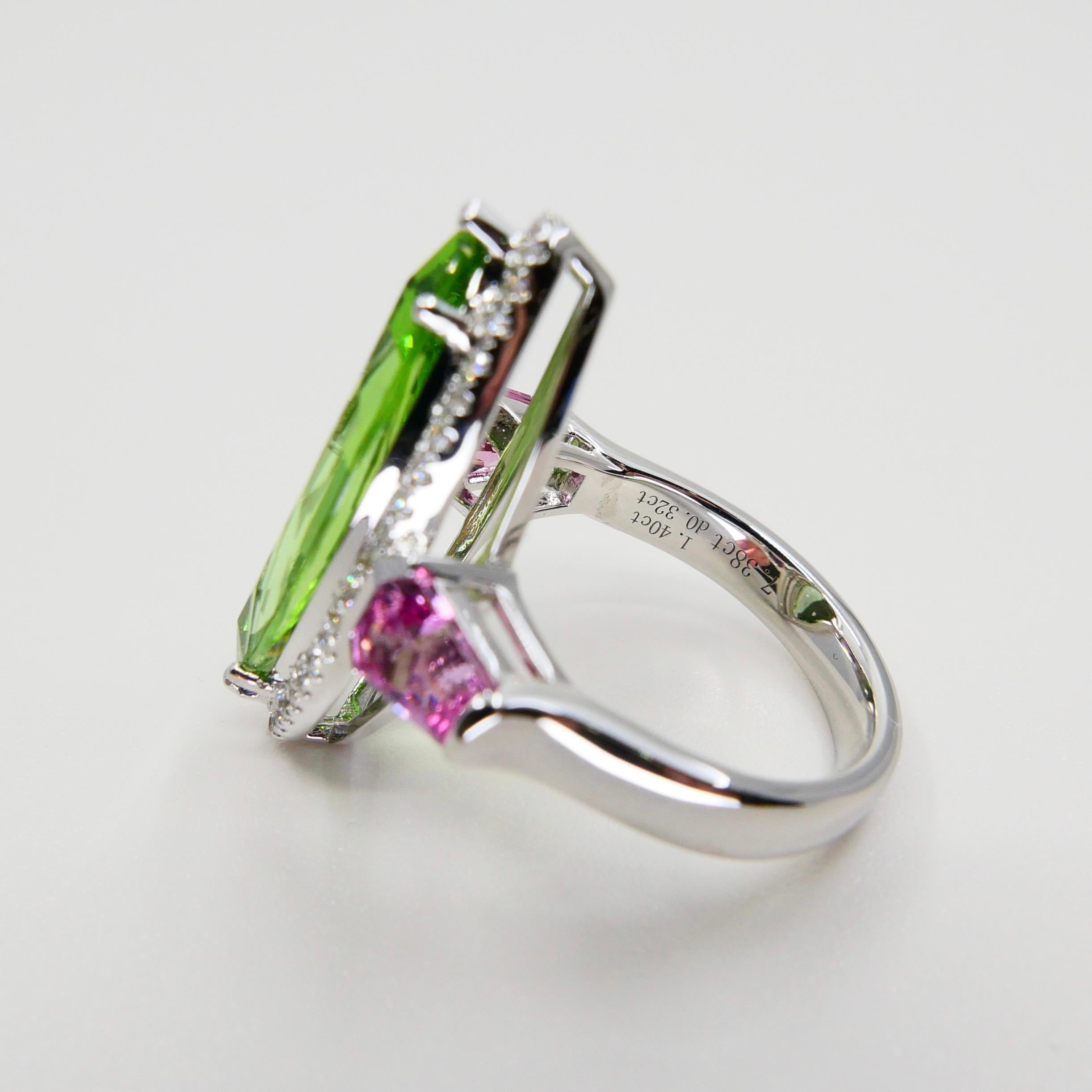 Natural Peridot 7.38 Cts, Pink Spinel & Diamond Cocktail Ring, Statement Piece 7