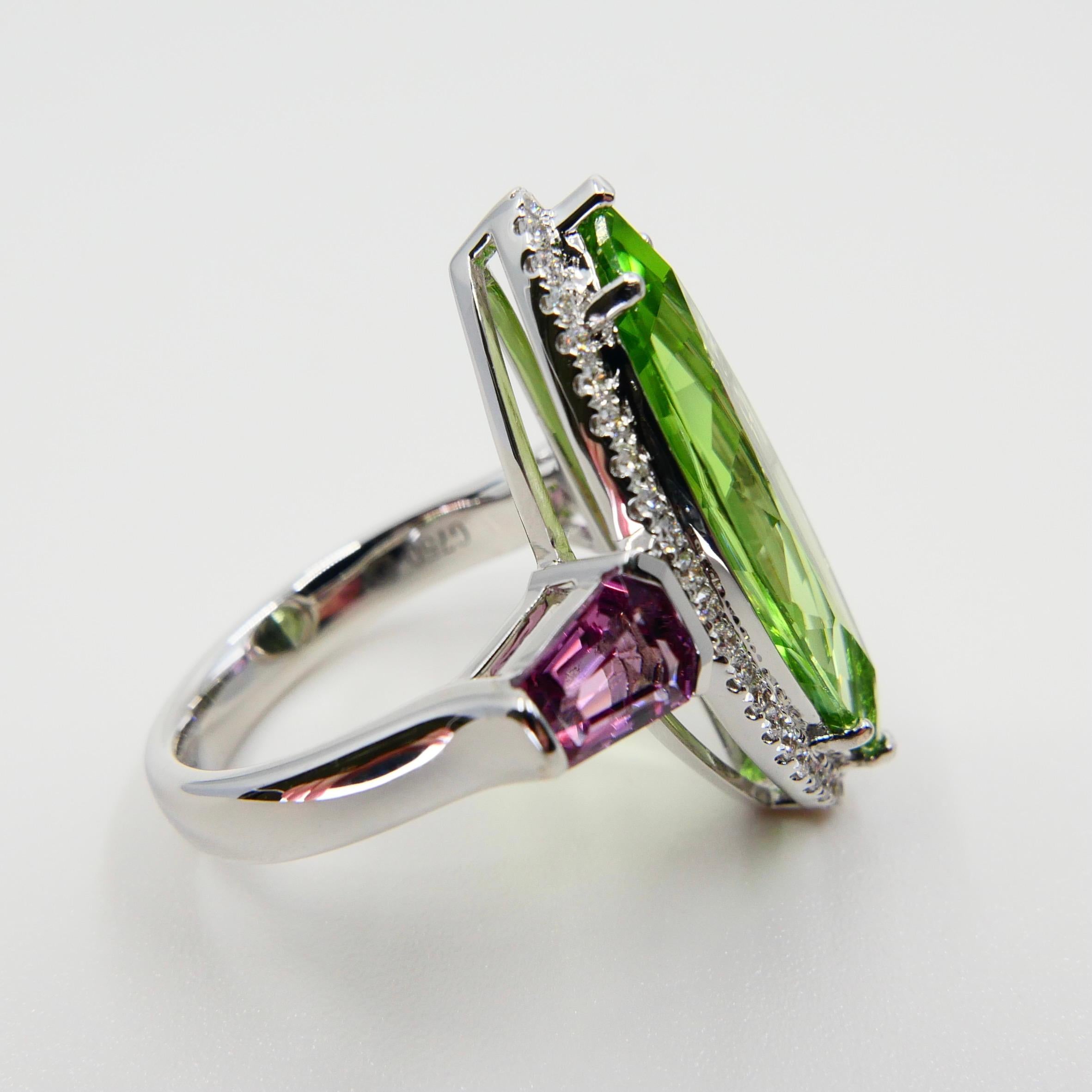 Natural Peridot 7.38 Cts, Pink Spinel & Diamond Cocktail Ring, Statement Piece 8