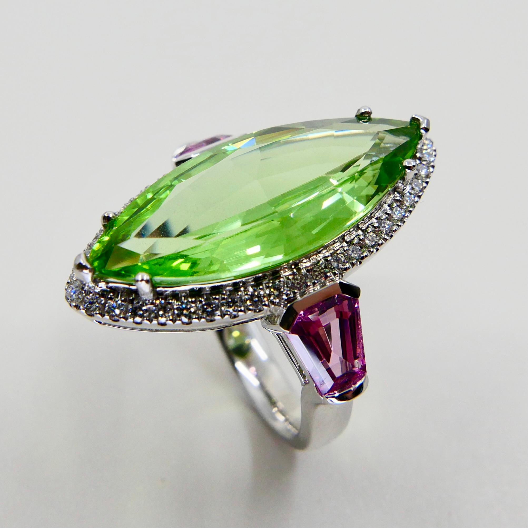 Contemporary Natural Peridot 7.38 Cts, Pink Spinel & Diamond Cocktail Ring, Statement Piece