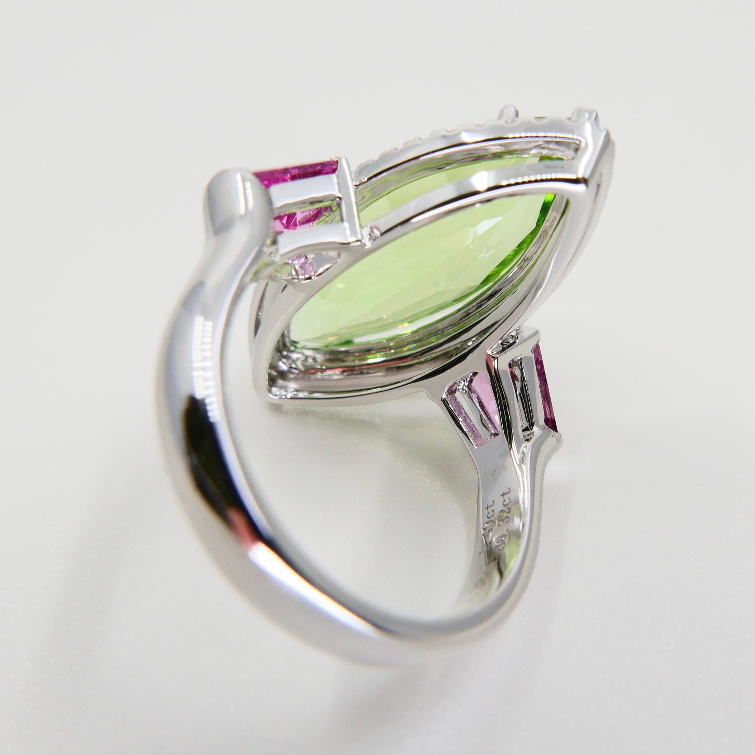 Marquise Cut Natural Peridot 7.38 Cts, Pink Spinel & Diamond Cocktail Ring, Statement Piece