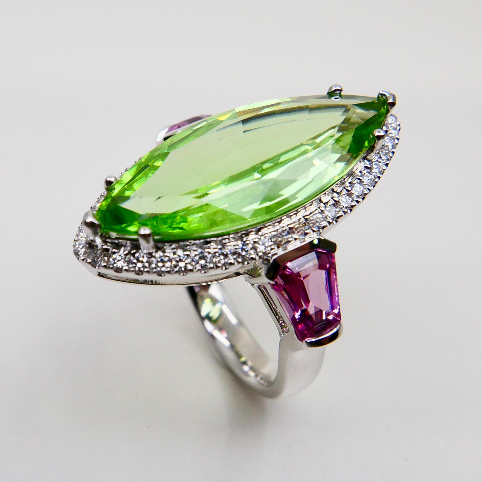 Women's Natural Peridot 7.38 Cts, Pink Spinel & Diamond Cocktail Ring, Statement Piece