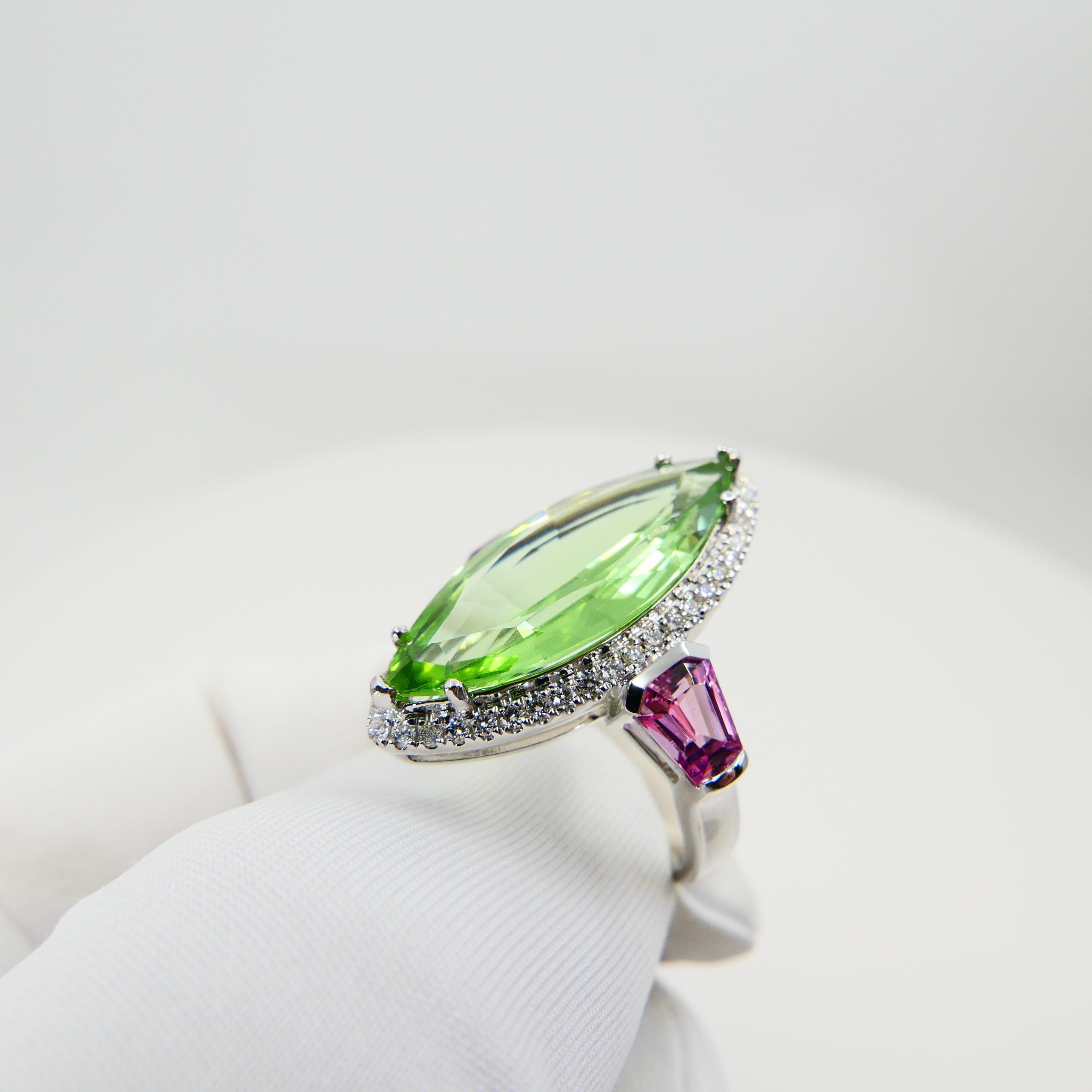 Natural Peridot 7.38 Cts, Pink Spinel & Diamond Cocktail Ring, Statement Piece 1