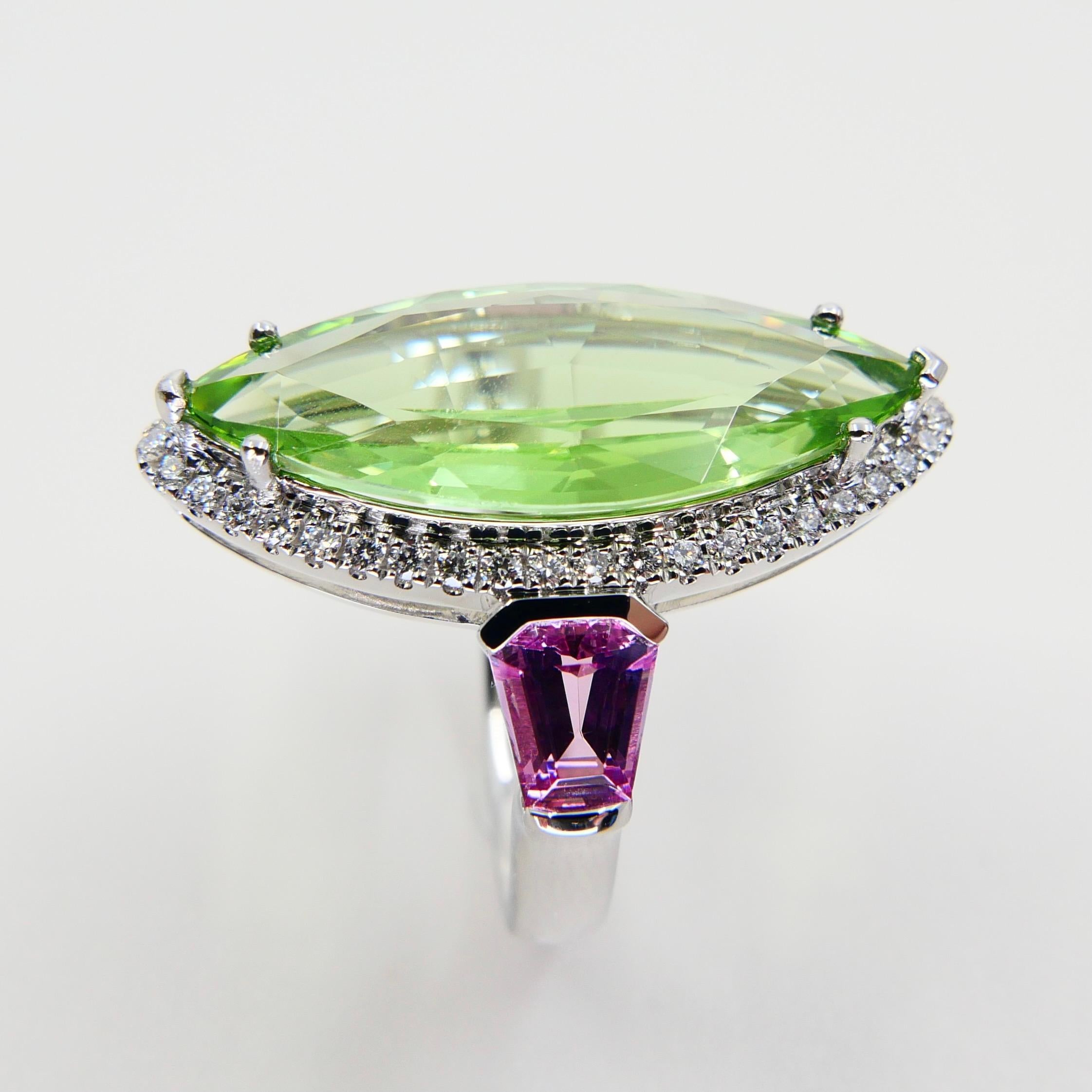 Natural Peridot 7.38 Cts, Pink Spinel & Diamond Cocktail Ring, Statement Piece 2