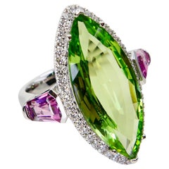 Natural Peridot 7.38 Cts, Pink Spinel 
Diamond Cocktail Ring, Statement Piece