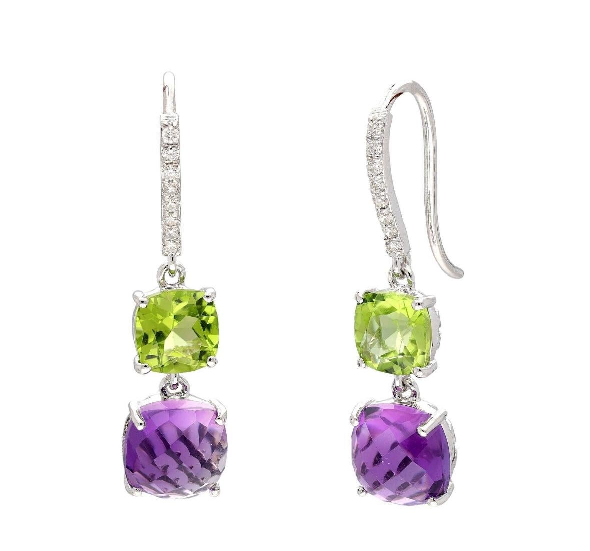 Mixed Cut Natural peridot & amethyst & diamond earring in 14k gold