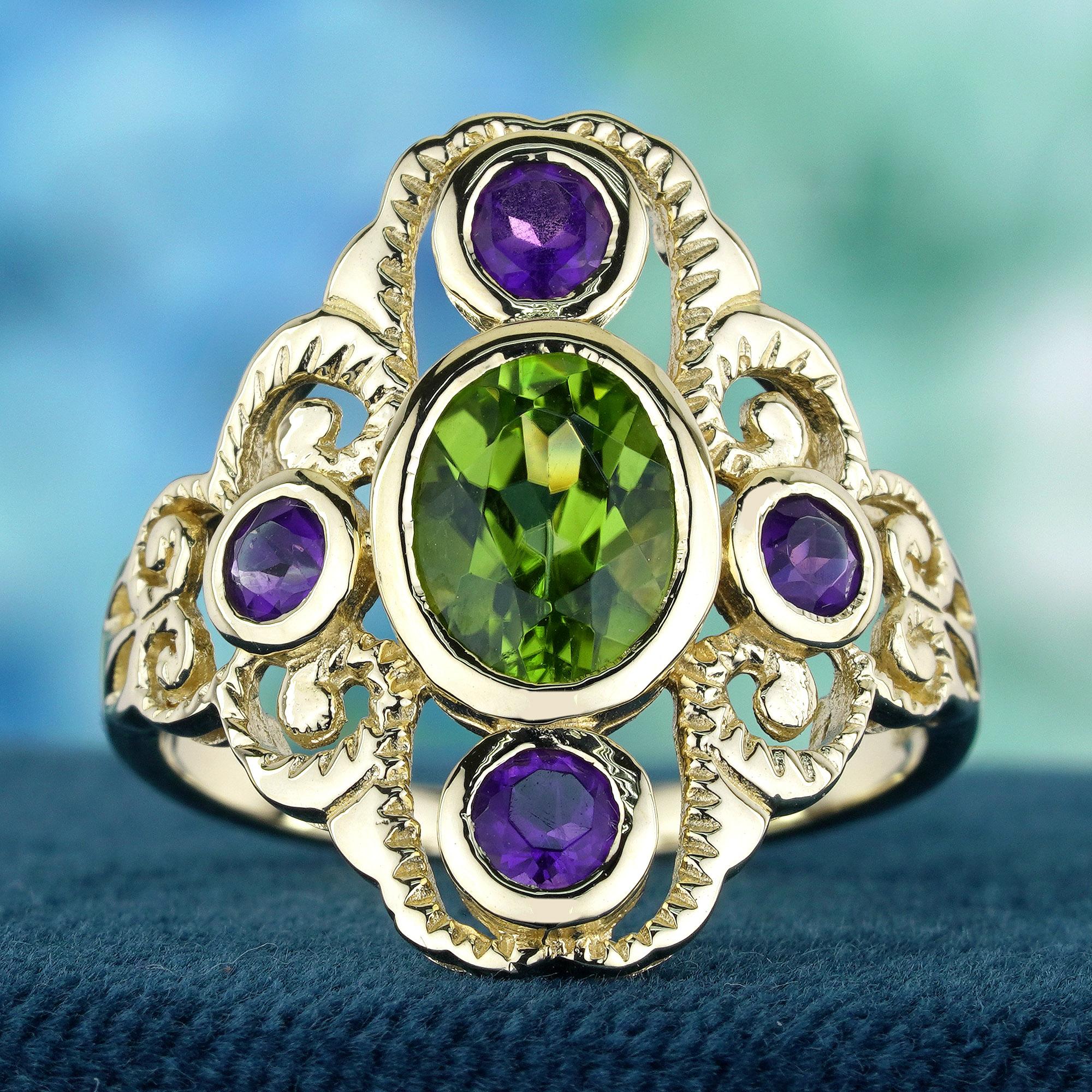Dieser Cocktailring im Vintage-Stil versprüht fesselnden Charme. Der aus Gelbgold gefertigte Ring verfügt über ein breites Band mit polierter Oberfläche. Das Herzstück ist ein natürlicher Peridot, ein warmer lindgrüner Edelstein, der die Essenz