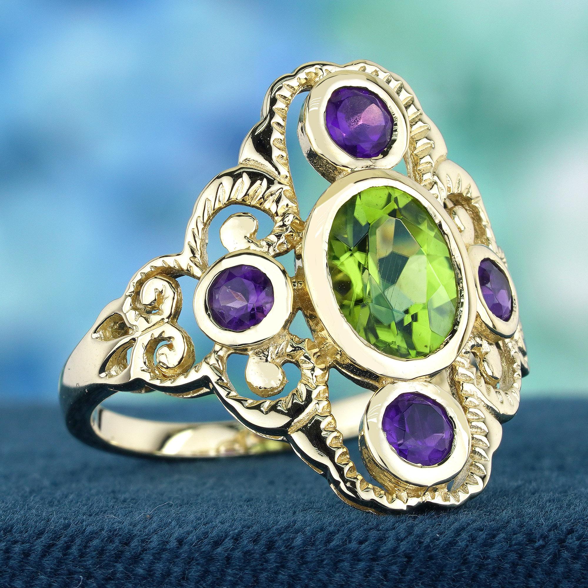 Natürlicher Peridot Amethyst Vintage-Cocktailring im Vintage-Stil aus massivem 9K Gelbgold (Edwardian)
