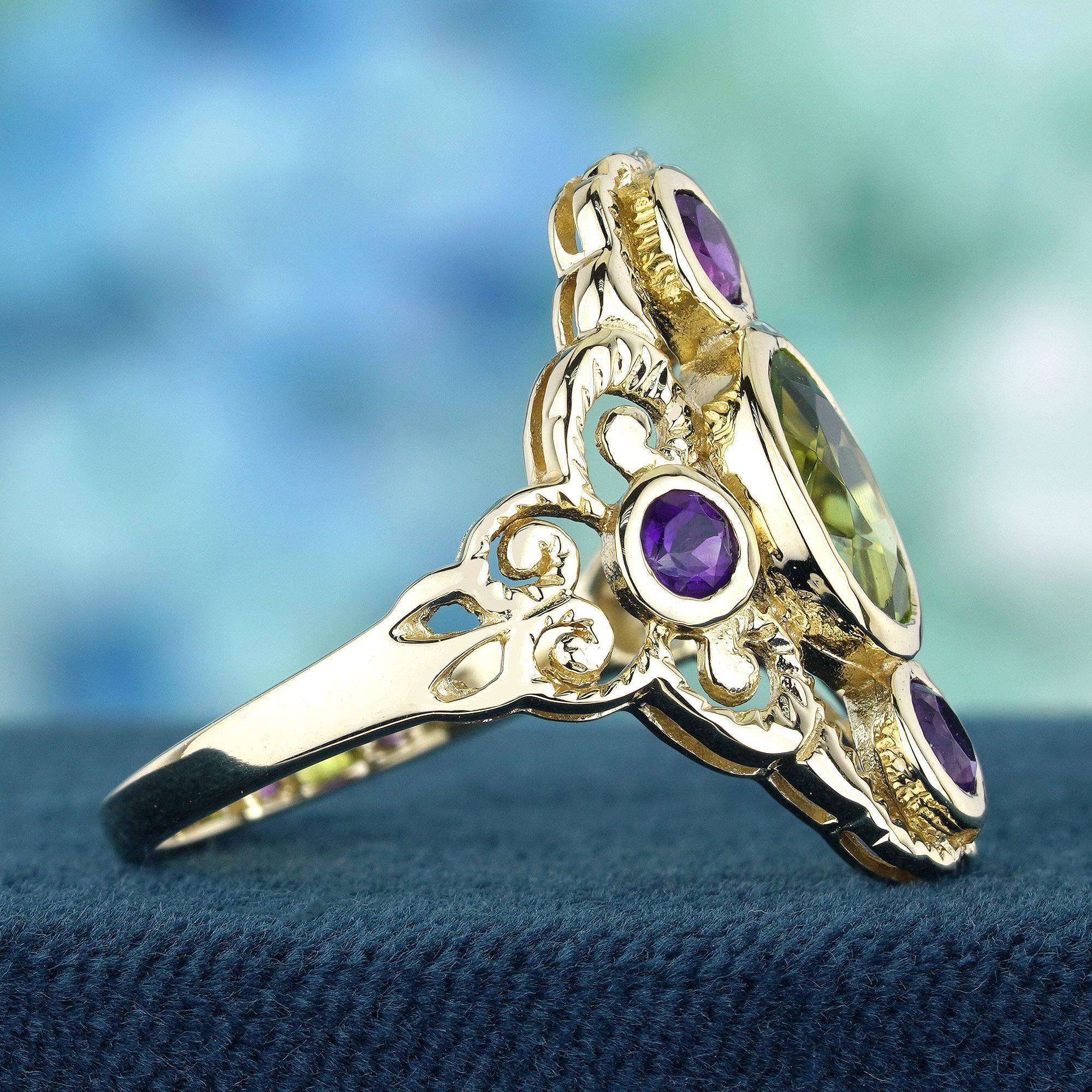 Natürlicher Peridot Amethyst Vintage-Cocktailring im Vintage-Stil aus massivem 9K Gelbgold (Ovalschliff)