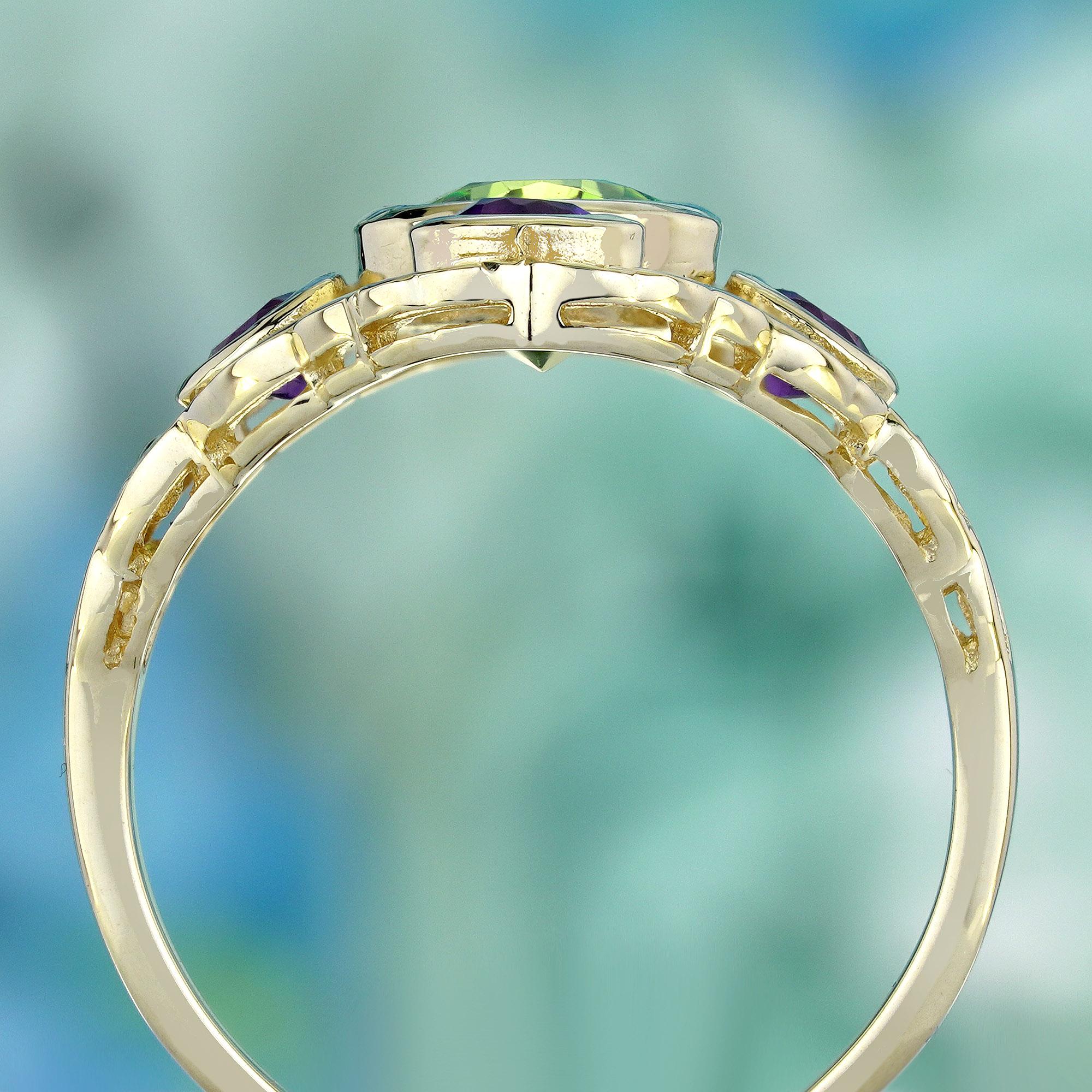 Natürlicher Peridot Amethyst Vintage-Cocktailring im Vintage-Stil aus massivem 9K Gelbgold im Zustand „Neu“ in Bangkok, TH