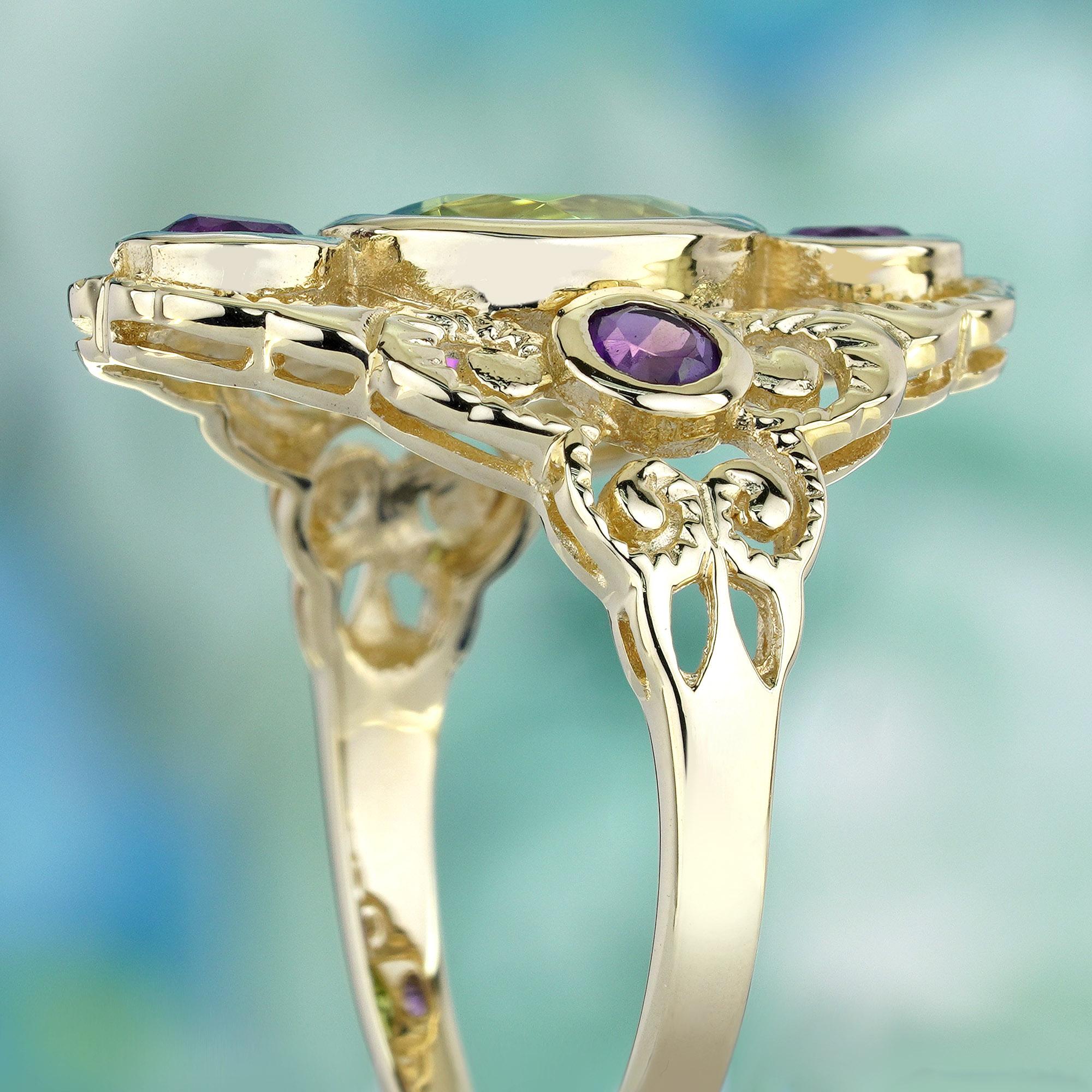 Natürlicher Peridot Amethyst Vintage-Cocktailring im Vintage-Stil aus massivem 9K Gelbgold Damen