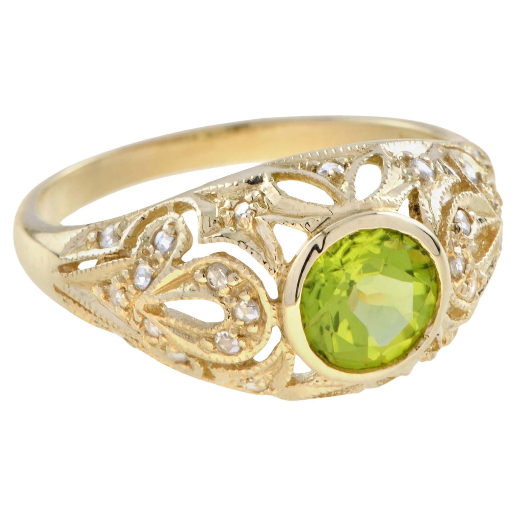 Filigraner Ring aus massivem 9 Karat Gold mit natürlichem Peridot und Diamant im Vintage-Stil mit Blumenmuster im Angebot