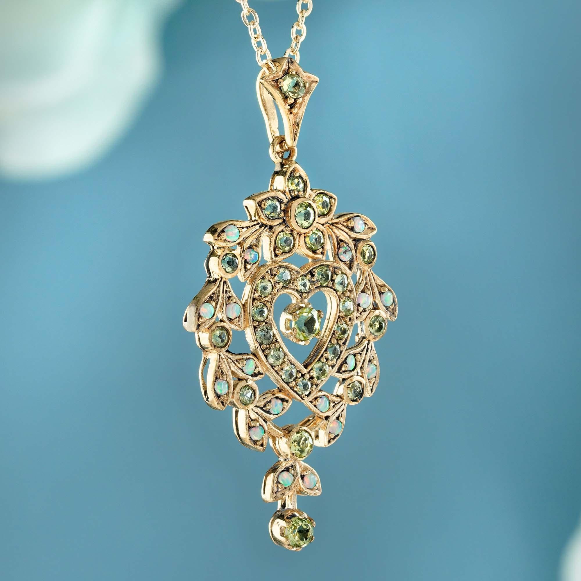 Edwardian Natural Peridot and Opal Vintage Style Floral Heart Pendant in Solid 9K Gold For Sale