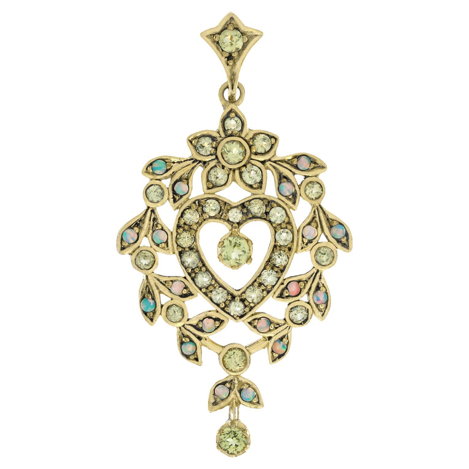 Natural Peridot and Opal Vintage Style Floral Heart Pendant in Solid 9K Gold For Sale
