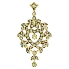 Pendentif en or massif 9K, péridot naturel et opale, style vintage, en forme de coeur floral