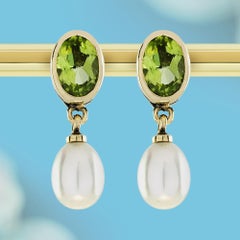 Natural Peridot and Pearl Drop Vintage Style  Earrings in 9K Yellow Gold