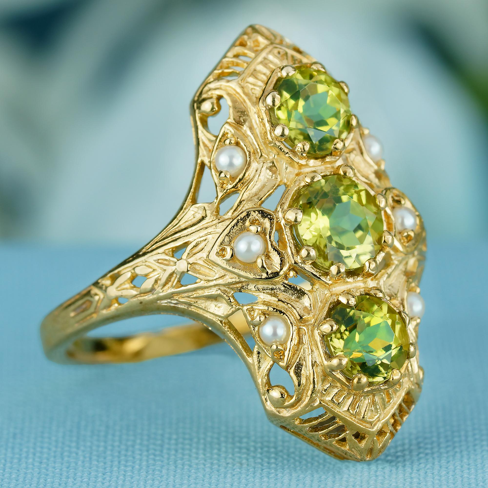 Edwardian Natural Peridot and Pearl Filigree Three Stone Ring in Solid 9K Yellow Gold