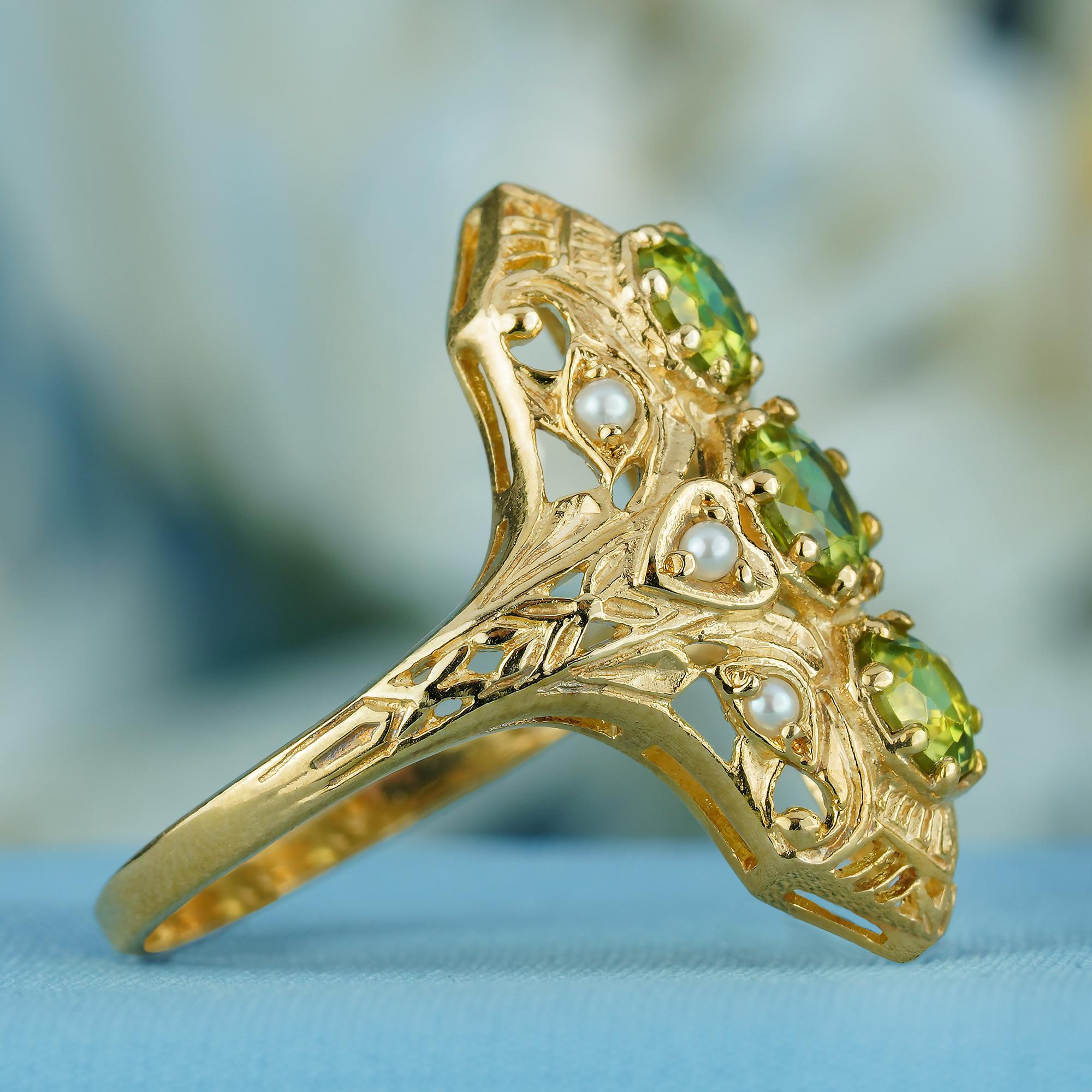 Round Cut Natural Peridot and Pearl Filigree Three Stone Ring in Solid 9K Yellow Gold