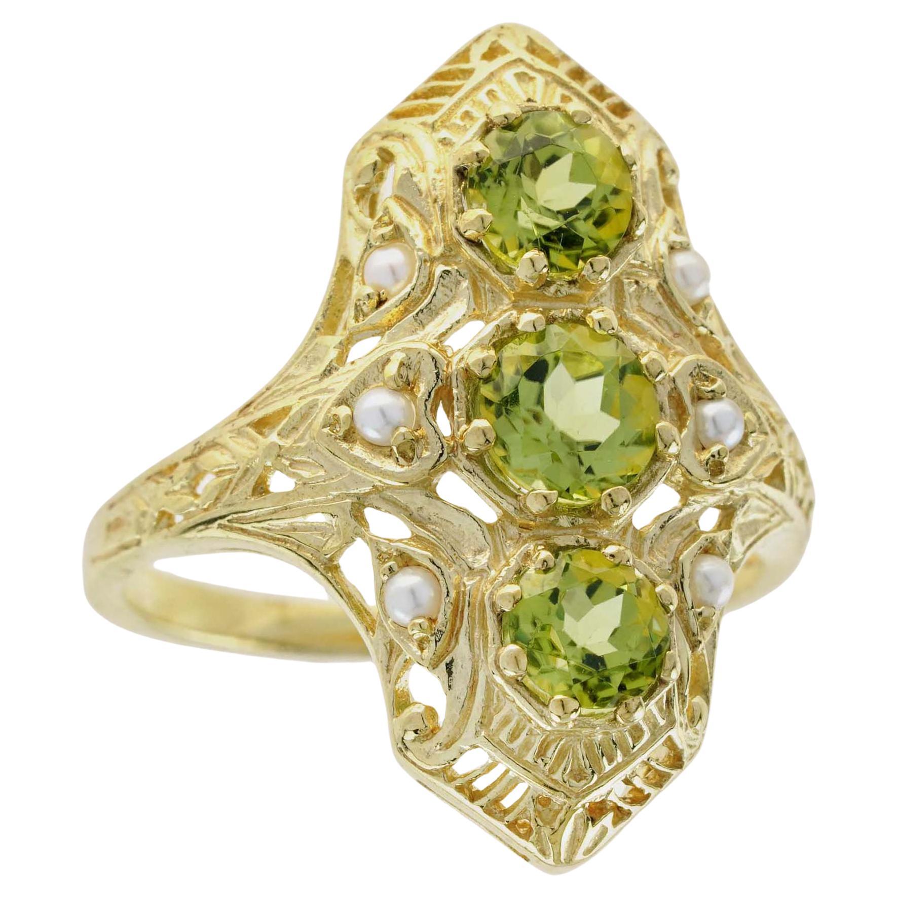 Natural Peridot and Pearl Filigree Three Stone Ring in Solid 9K Yellow Gold