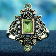 Natural Peridot and Pearl Vintage Style  Cocktail Ring in Solid 9K Yellow Gold