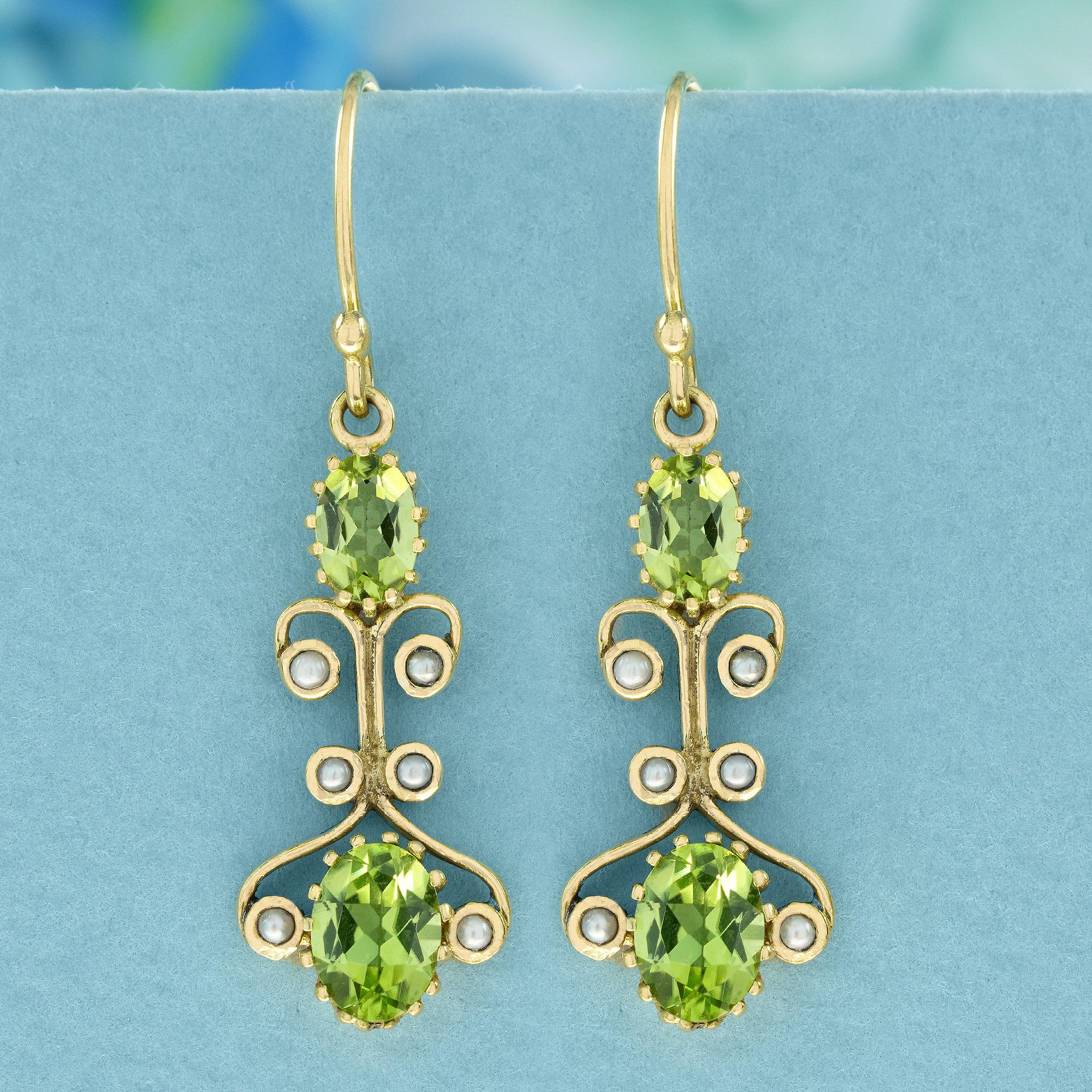 Experience timeless elegance with these captivating vintage-inspired earrings. The dangle showcases a delicate yellow gold design, featuring oval lime green peridot gemstones at both the top and bottom centers. Gracefully nestled between these