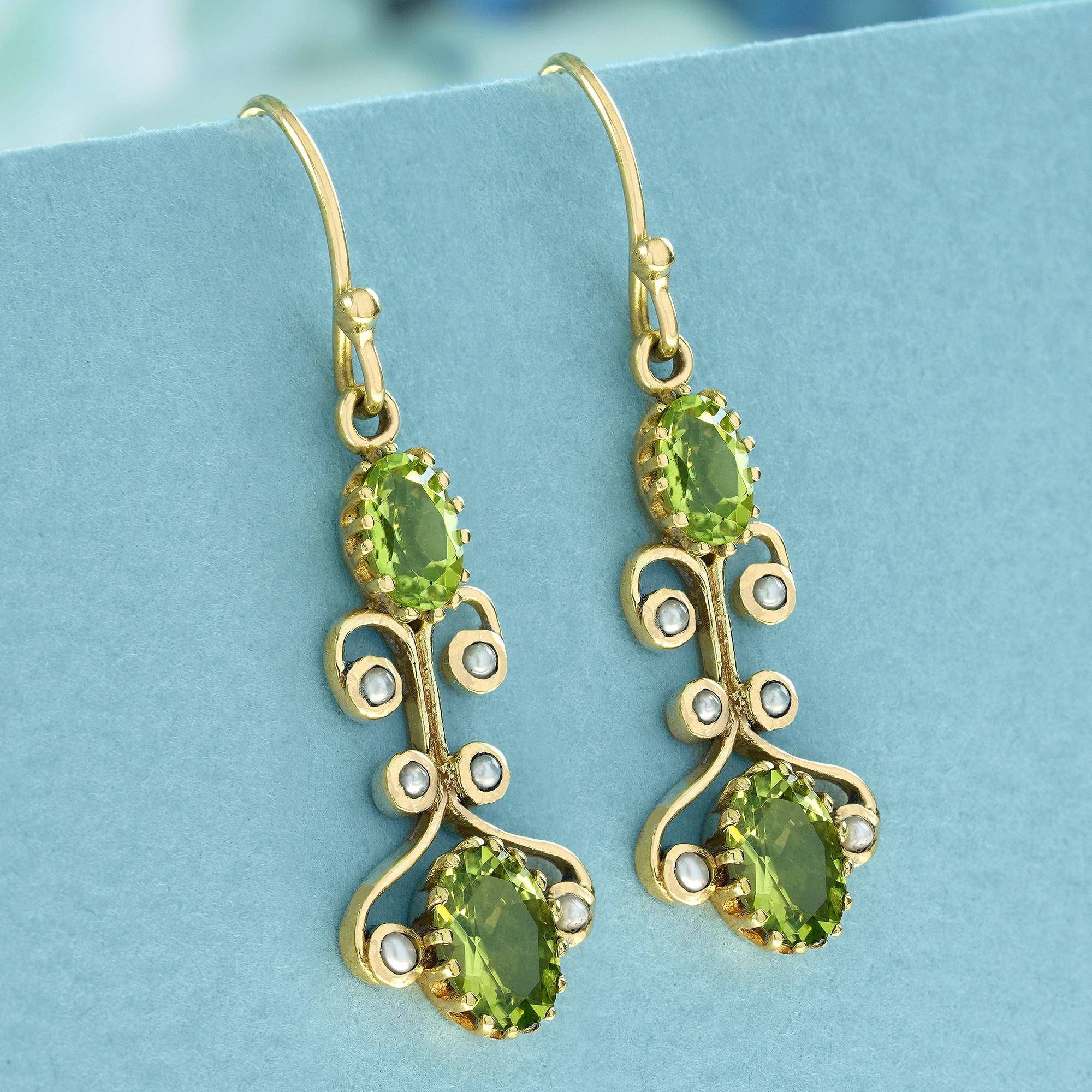 Edwardian Natural Peridot and Pearl Vintage Style Dangle Earrings in Solid 9K Yellow Gold For Sale