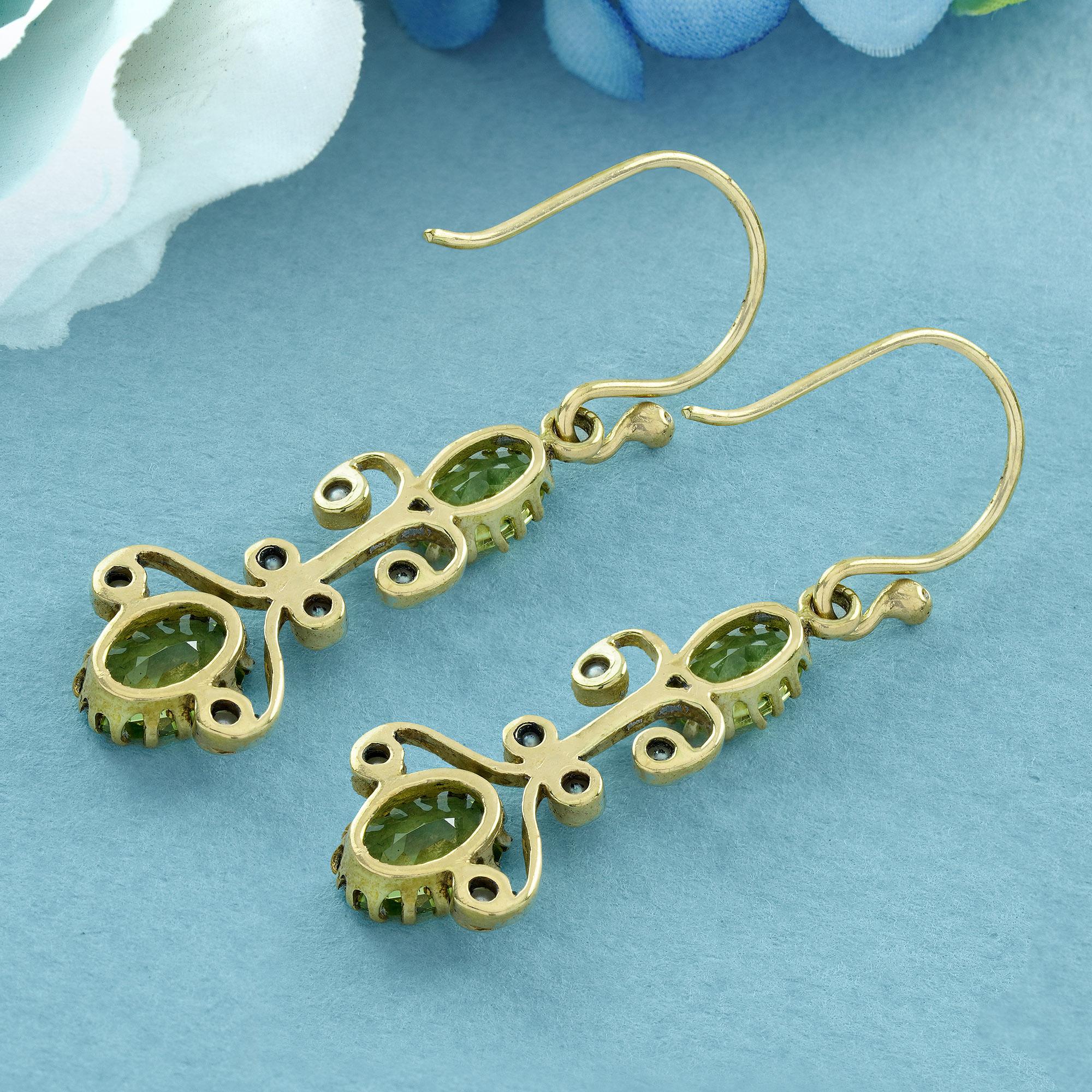 Oval Cut Natural Peridot and Pearl Vintage Style Dangle Earrings in Solid 9K Yellow Gold For Sale