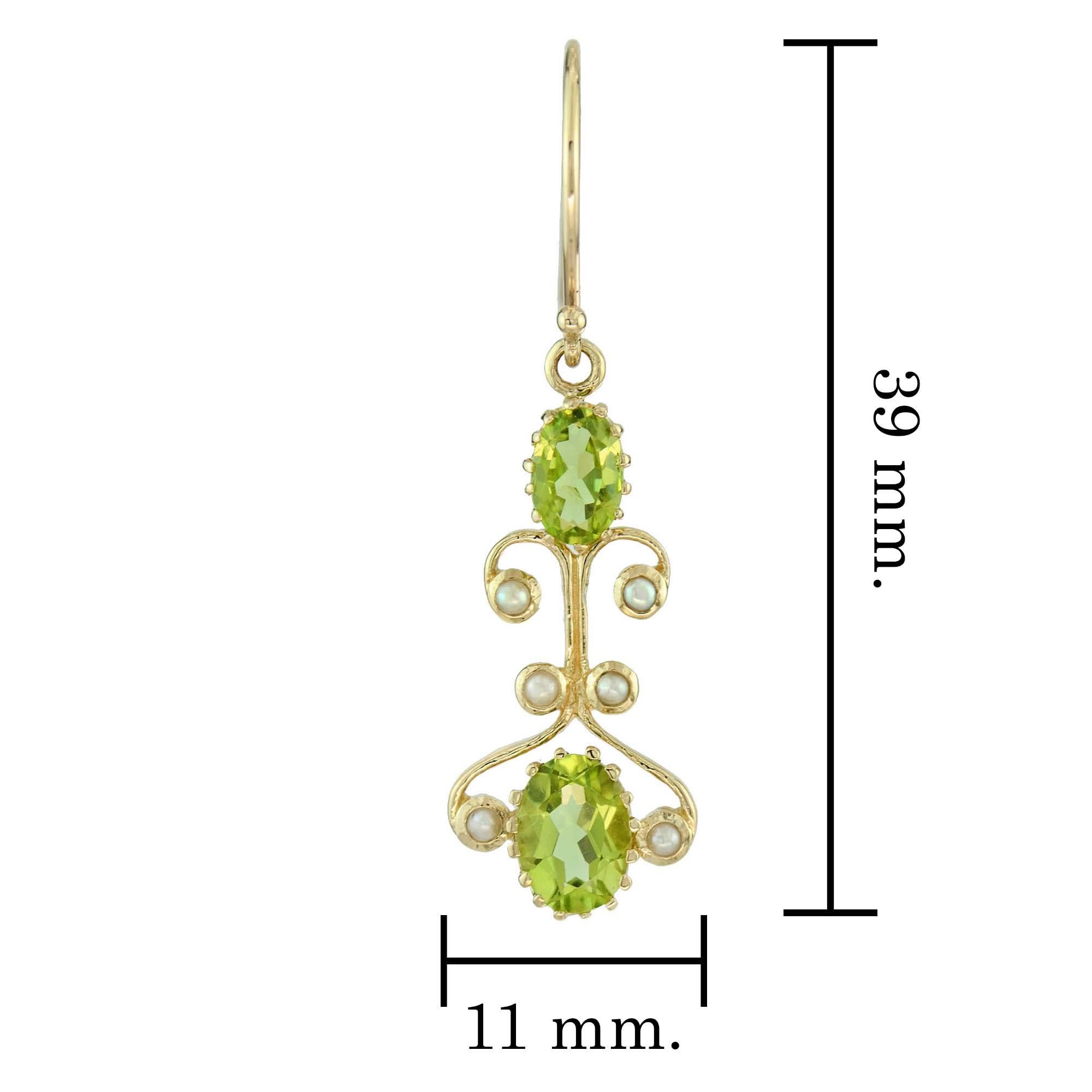 Natural Peridot and Pearl Vintage Style Dangle Earrings in Solid 9K Yellow Gold In New Condition For Sale In Bangkok, TH
