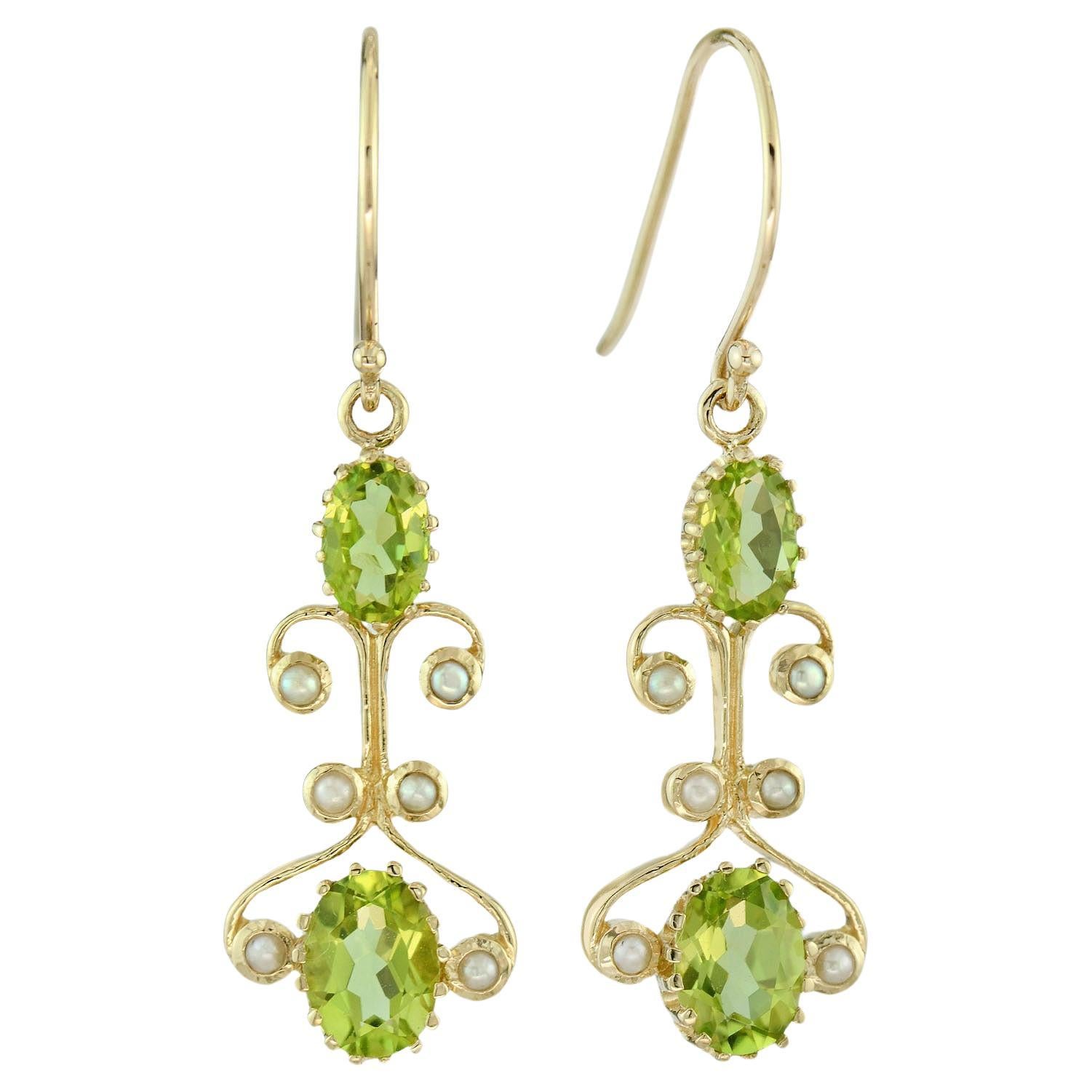 Natural Peridot and Pearl Vintage Style Dangle Earrings in Solid 9K Yellow Gold For Sale