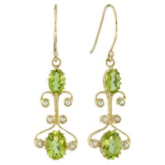 Natural Peridot and Pearl Used Style Dangle Earrings in Solid 9K Yellow Gold