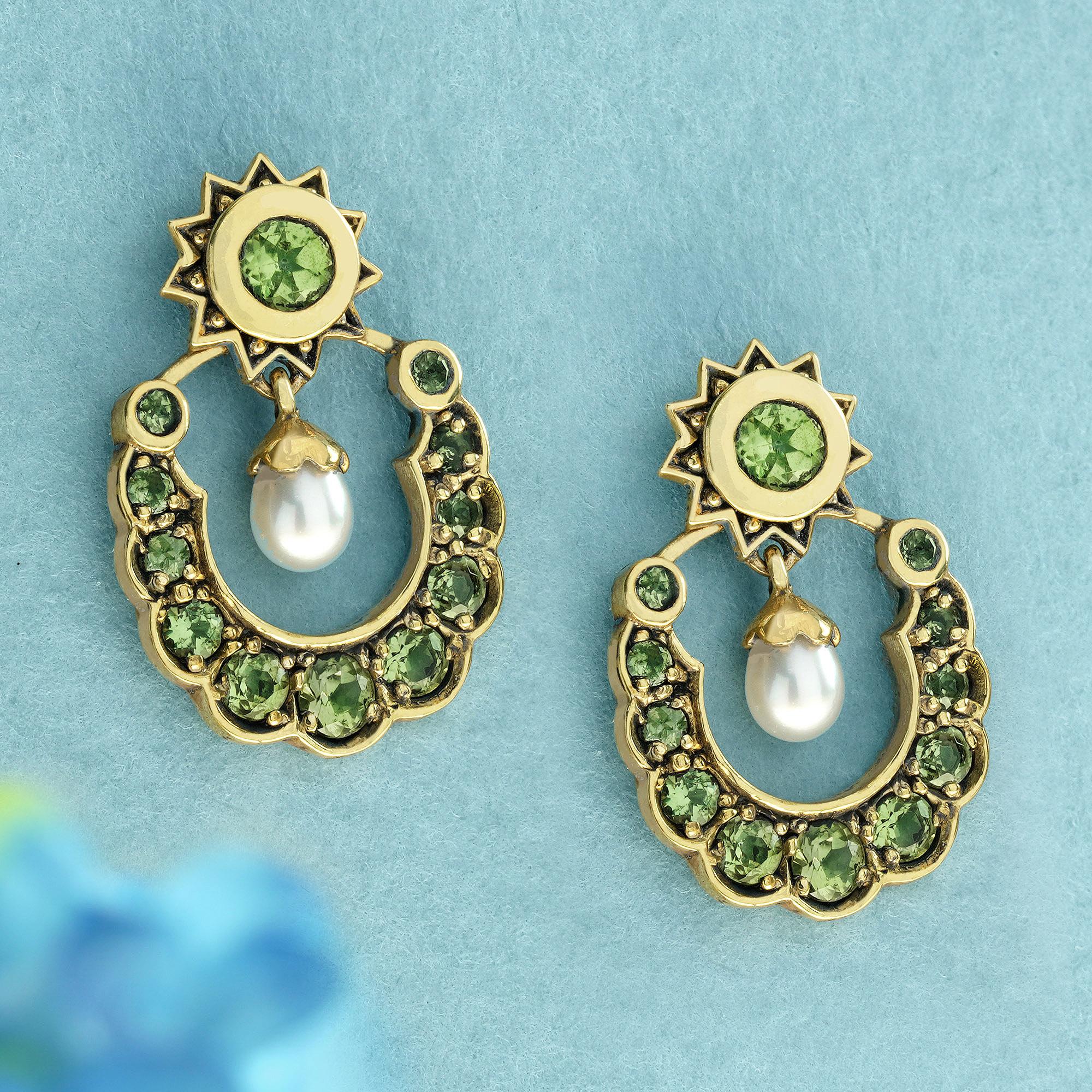 Edwardian Natural Peridot and Pearl Vintage Style Drop Earrings in 9K Yellow Gold For Sale
