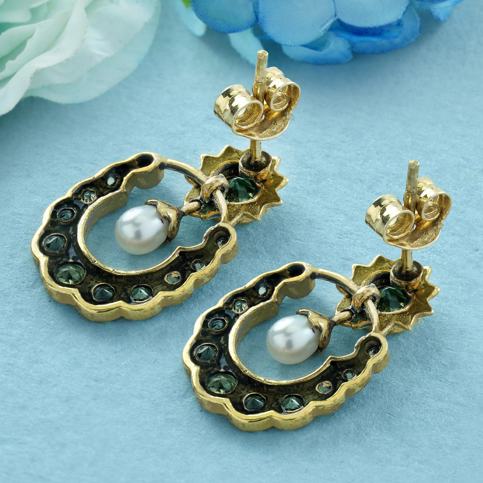 Round Cut Natural Peridot and Pearl Vintage Style Drop Earrings in 9K Yellow Gold For Sale
