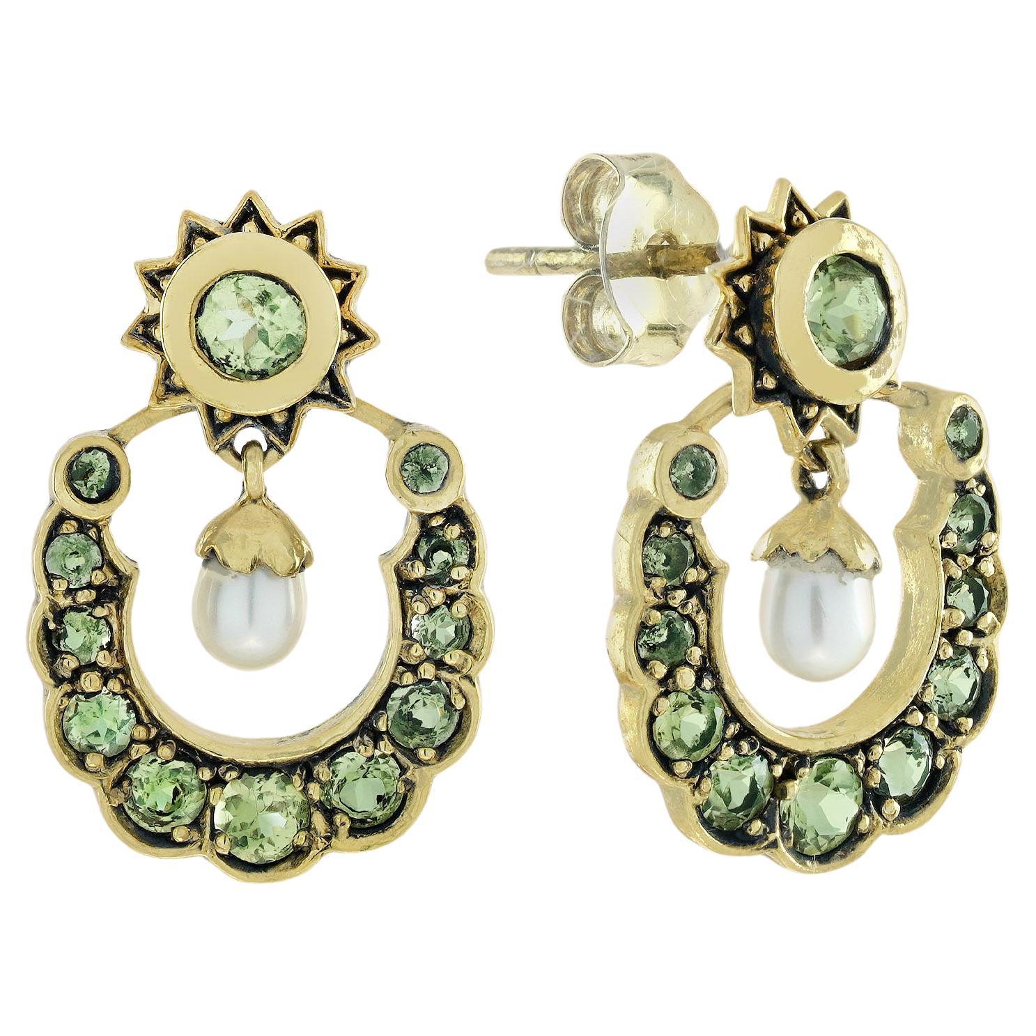 Natural Peridot and Pearl Vintage Style Drop Earrings in 9K Yellow Gold For Sale