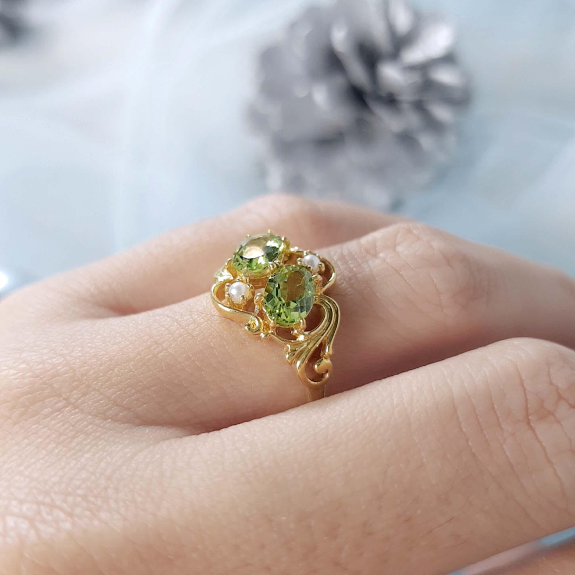 For Sale:  Natural Peridot and Pearl Vintage Style Duo Cluster Ring in Solid 9K Yellow Gold 9
