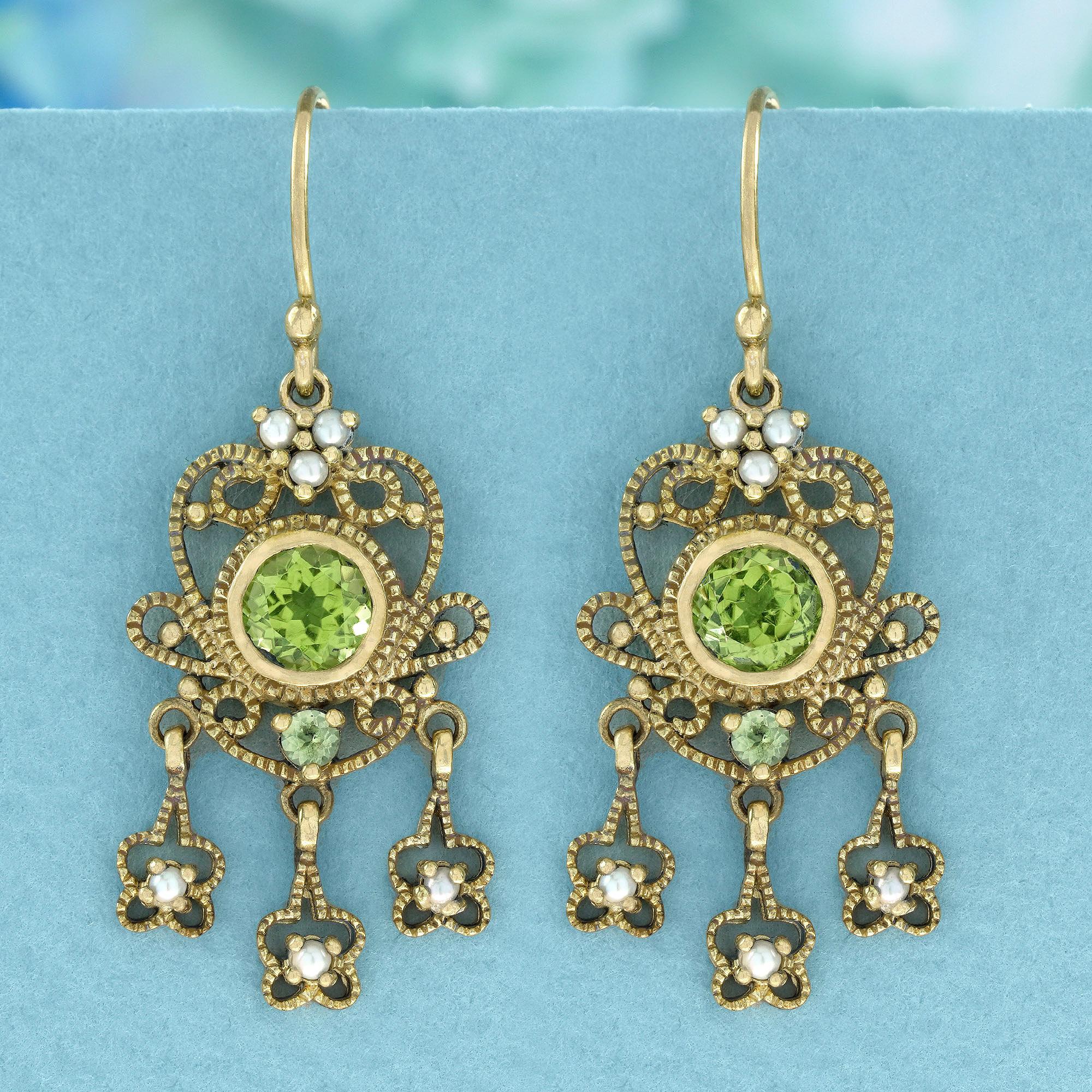 Crafted from luminous yellow gold, these elegant vintage-style earrings boast a Floral Drop dangle design, exuding timeless sophistication. Each earring features a classic silhouette with a cluster of three round pearls at the top, a large round