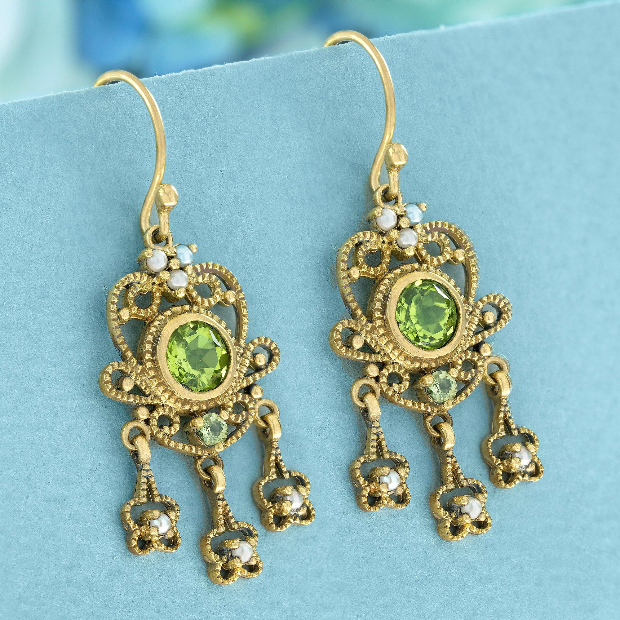 Edwardian Natural Peridot and Pearl Vintage Style Floral Drop Earrings in 9K Yellow Gold For Sale