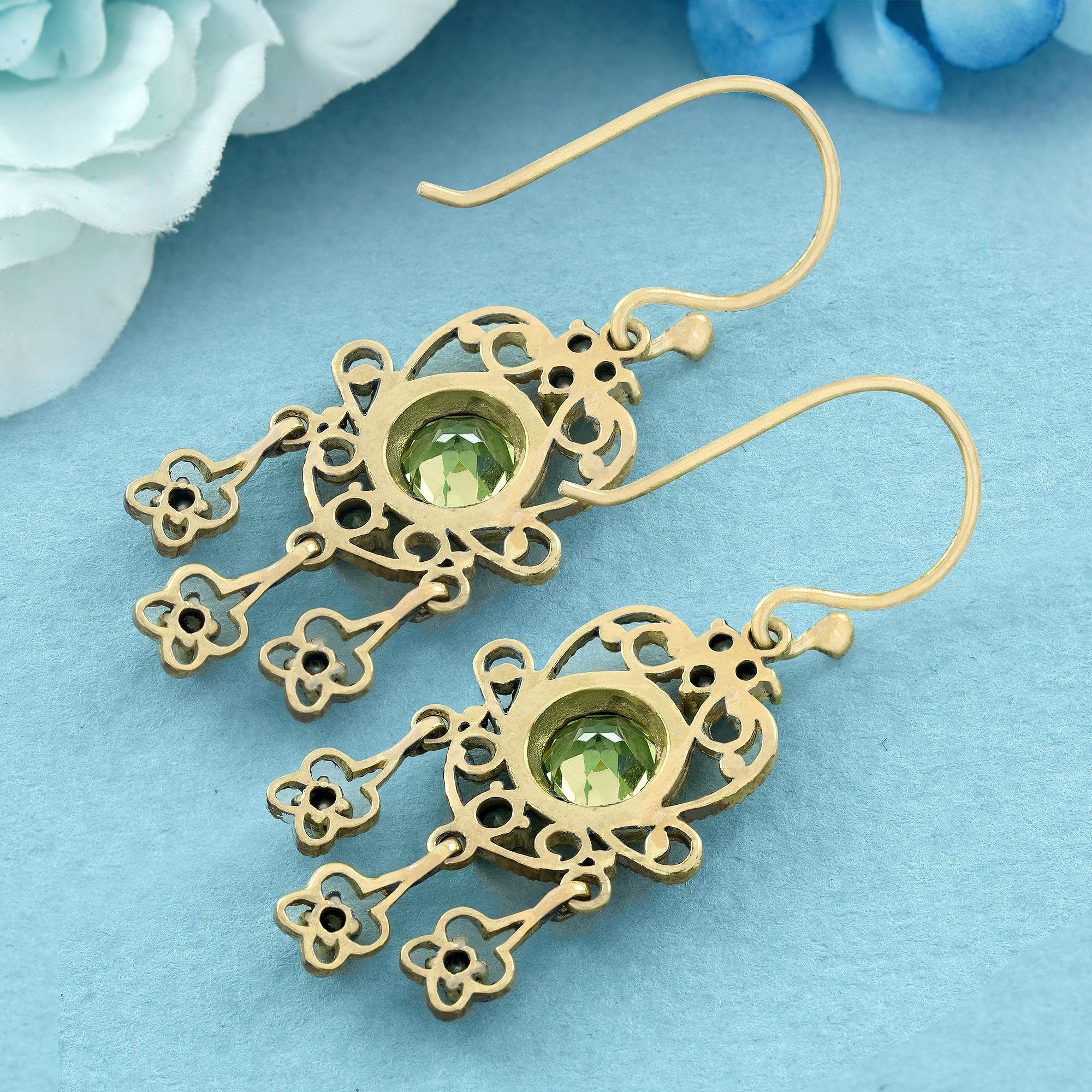 Round Cut Natural Peridot and Pearl Vintage Style Floral Drop Earrings in 9K Yellow Gold For Sale