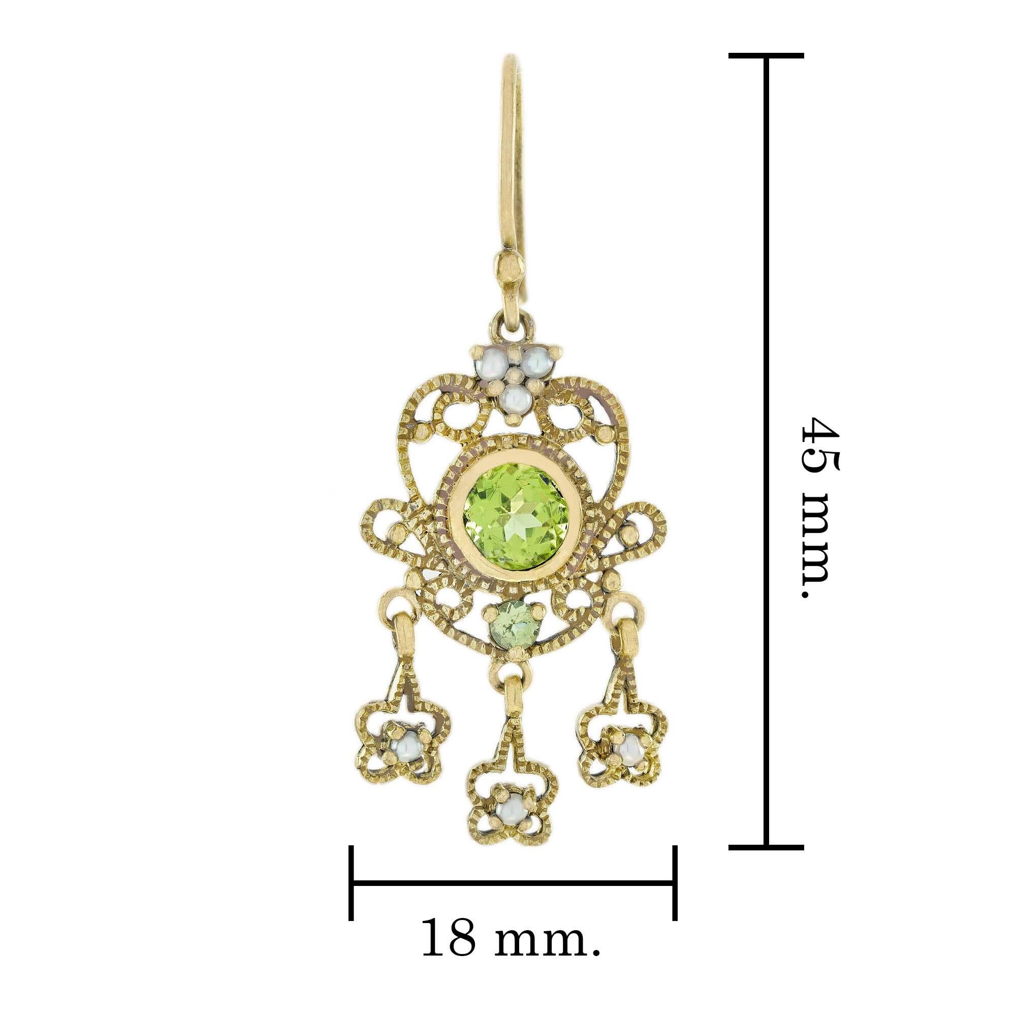 Natural Peridot and Pearl Vintage Style Floral Drop Earrings in 9K Yellow Gold In New Condition For Sale In Bangkok, TH